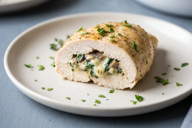 Mushroom stuffed chicken breast sliced open with creamy spinach, mushroom, and cheese filling