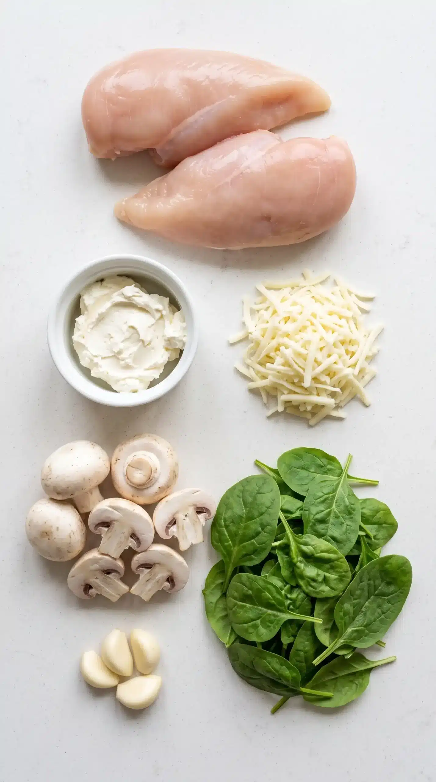 Ingredients for mushroom stuffed chicken breast filling with mushrooms, spinach, cheese, garlic, and chicken