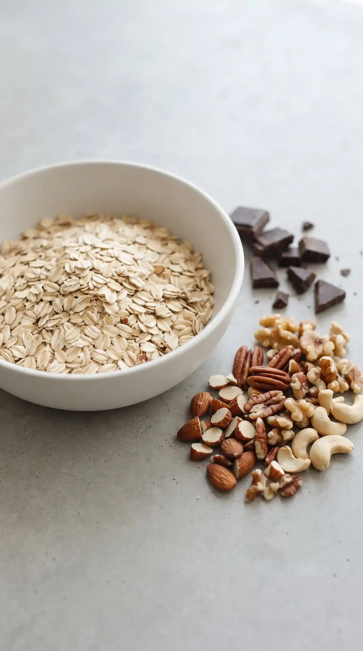 Rolled oats, chopped almonds, pecans, walnuts, cashews, and dark chocolate pieces for nut bars
