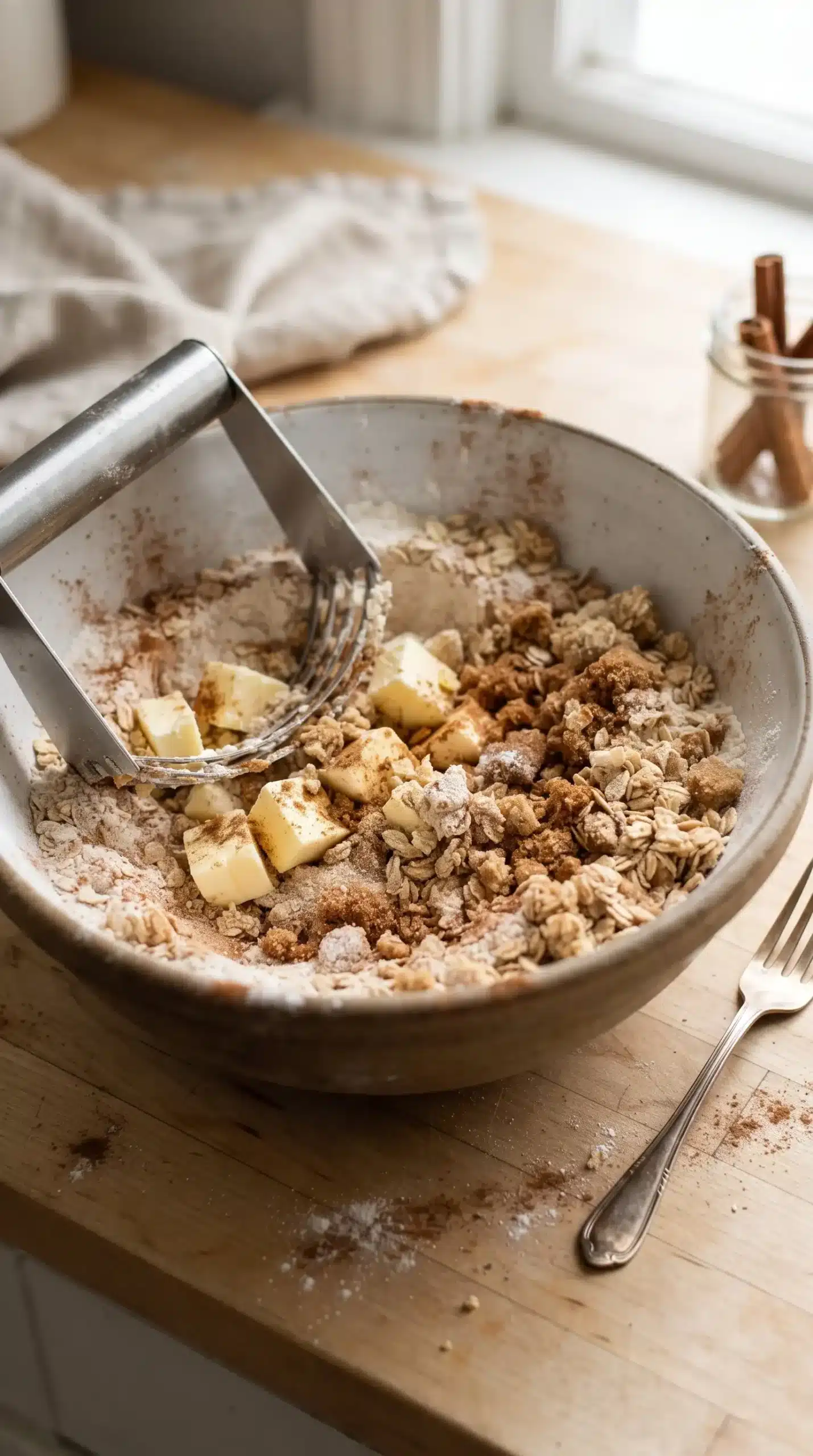 Cold butter mixed with oats, flour, brown sugar, and cinnamon for crisp topping
