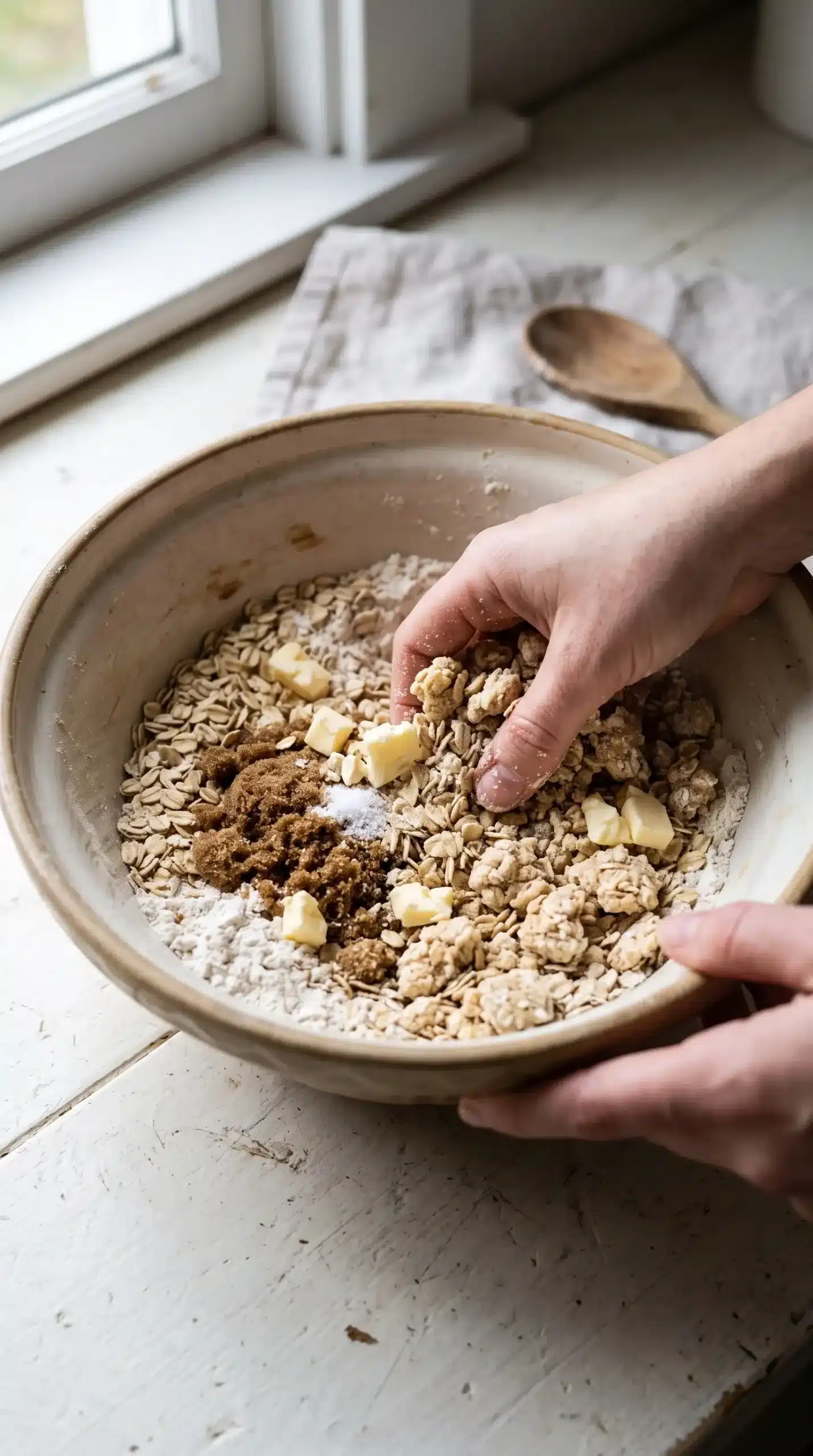 Oat crumble topping mixture with oats, flour, brown sugar, and butter pieces