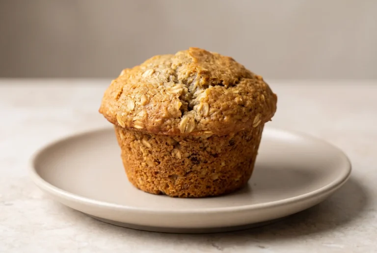 Single banana oatmeal muffin with a golden oat-textured top on a ceramic plate