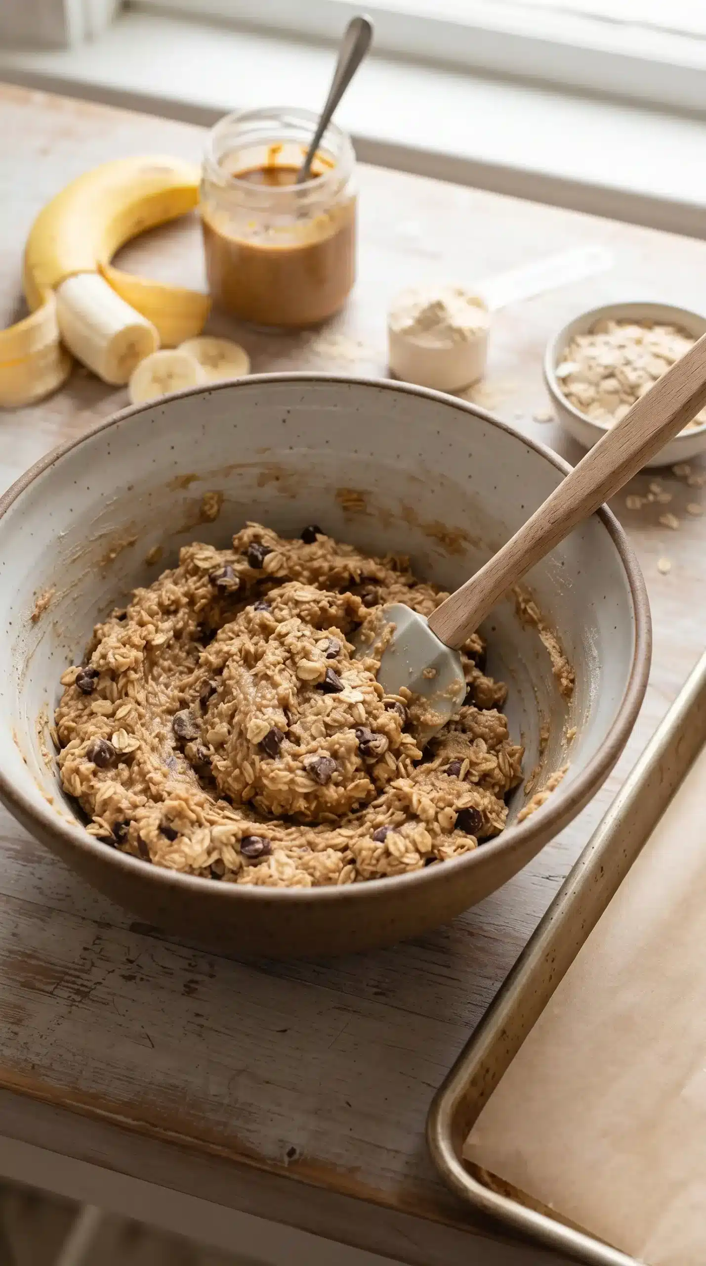 Thick oatmeal protein cookie dough with oats and chocolate chips in a mixing bowl before baking