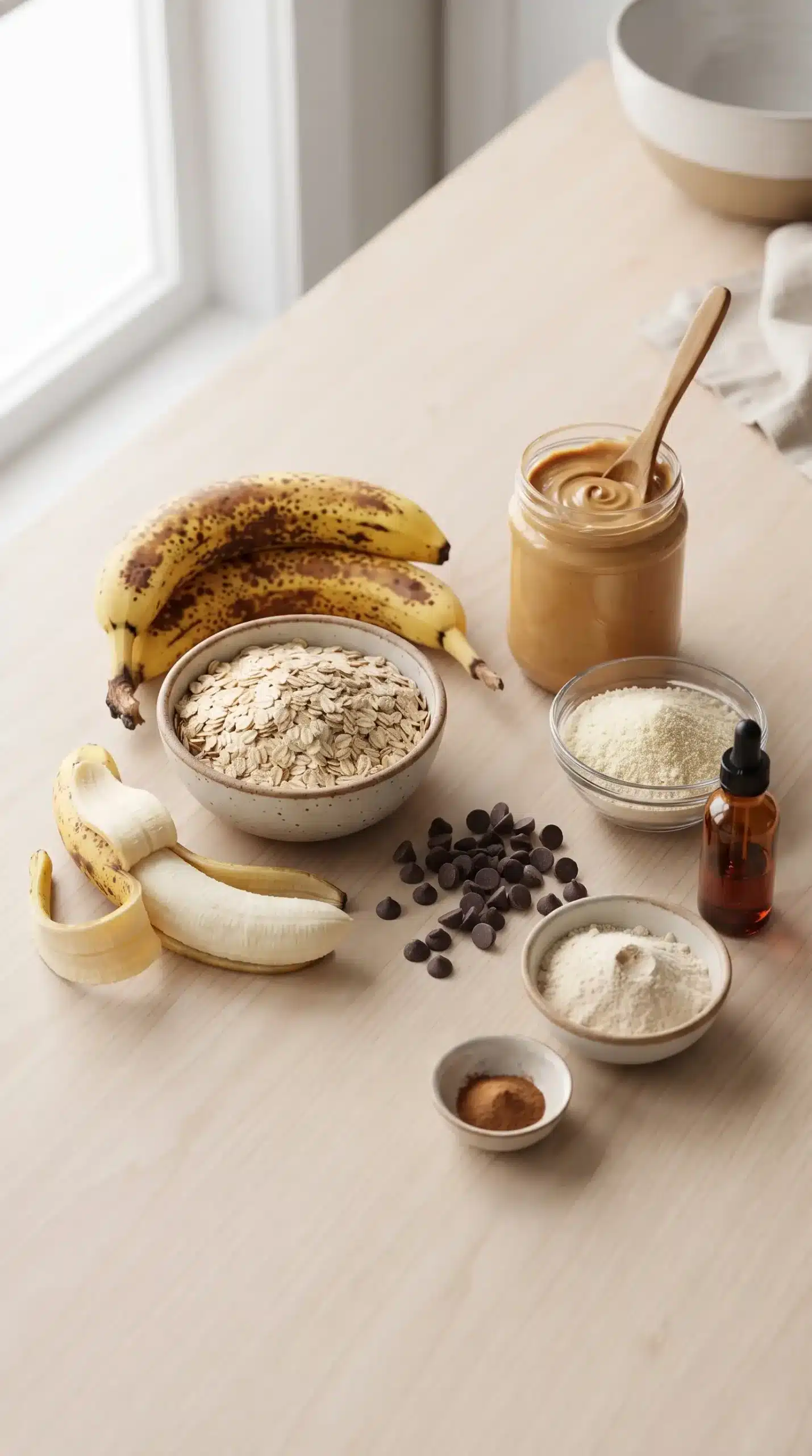 Ingredients for oatmeal protein cookies including bananas, oats, nut butter, protein powder, and chocolate chips