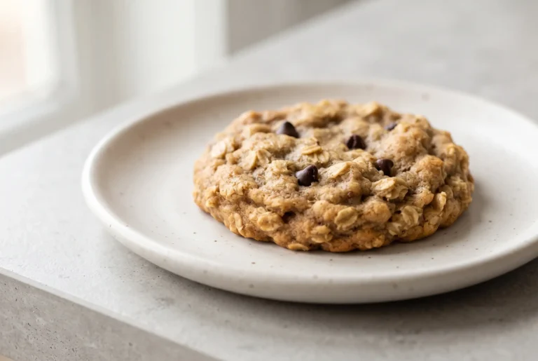 Oatmeal protein cookie with banana, nut butter, rolled oats, and chocolate chips on a ceramic plate