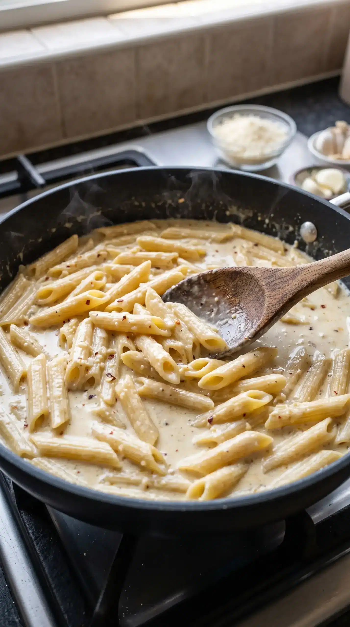 One pot creamy garlic pasta cooking in a skillet with pasta coated in garlic Parmesan sauce