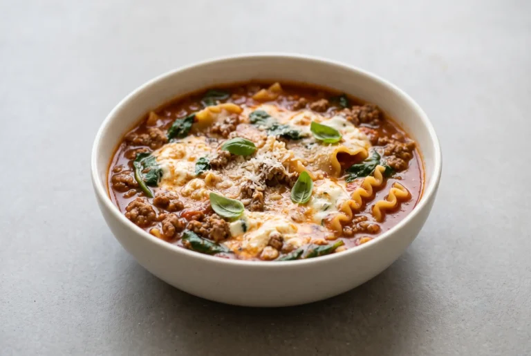 One pot lasagna soup with ground beef, spinach, noodles, and melted cheese in a ceramic bowl