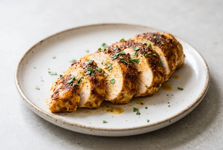Oven baked chicken breast slices with olive oil and spices on a ceramic plate