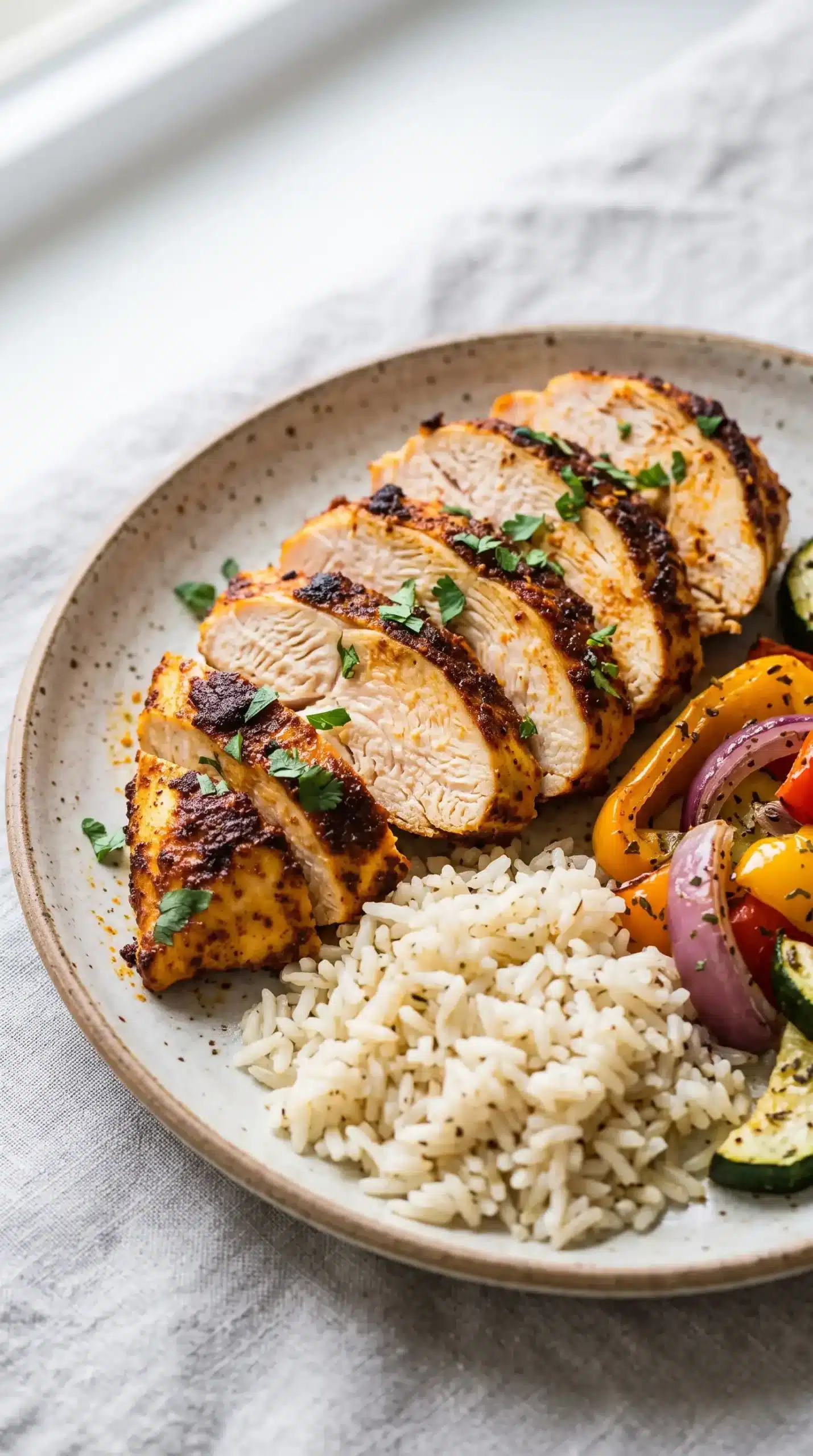 Sliced oven baked chicken breast served with roasted vegetables and rice