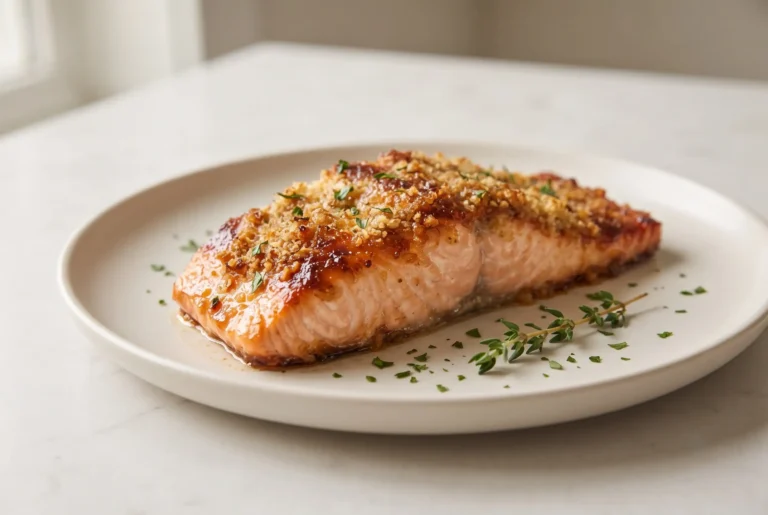 Oven baked salmon fillet with garlic butter and brown sugar glaze on a ceramic plate
