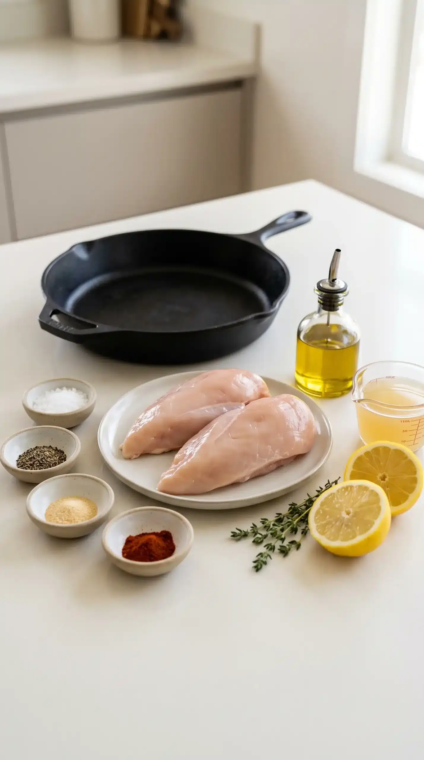 Raw chicken breasts and skillet with seasonings, lemon, oil, and broth