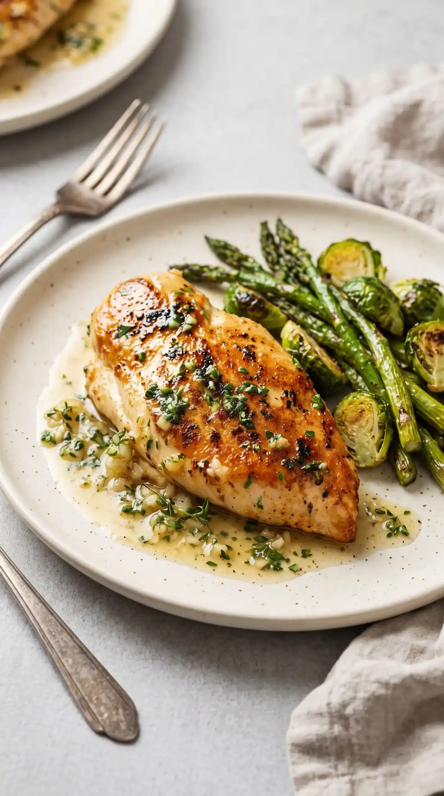 Pan seared chicken with lemon sauce and roasted green vegetables