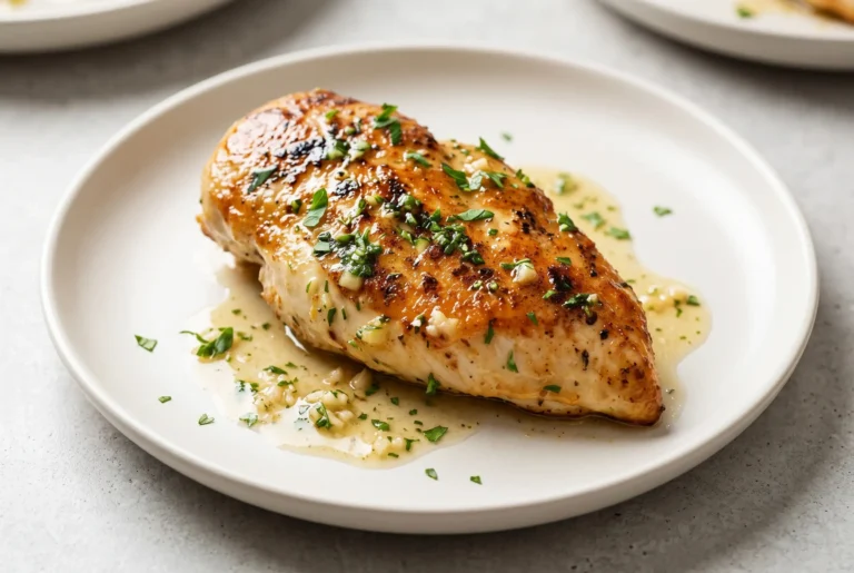 Pan seared chicken breast with golden crust and lemon pan sauce on a plate