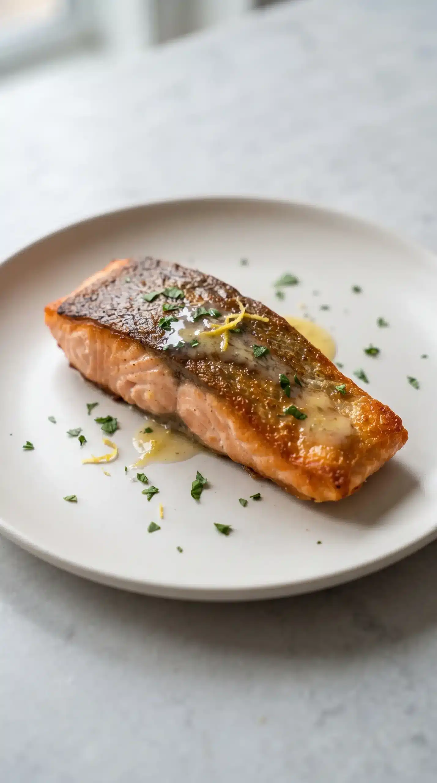 Pan seared salmon fillet finished with lemon garlic butter sauce and parsley