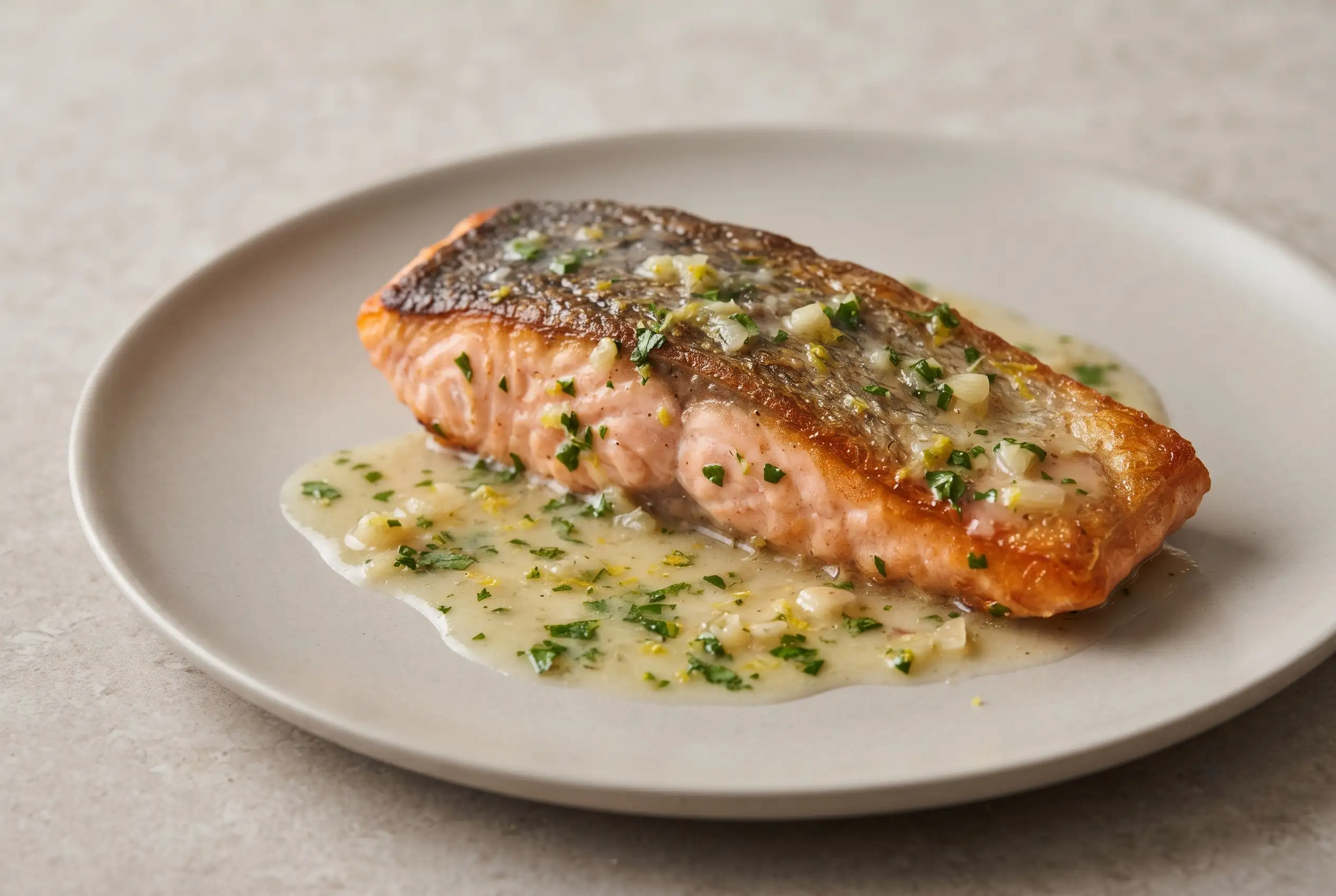 Pan seared salmon fillet with crisp skin and lemon butter sauce on a plate