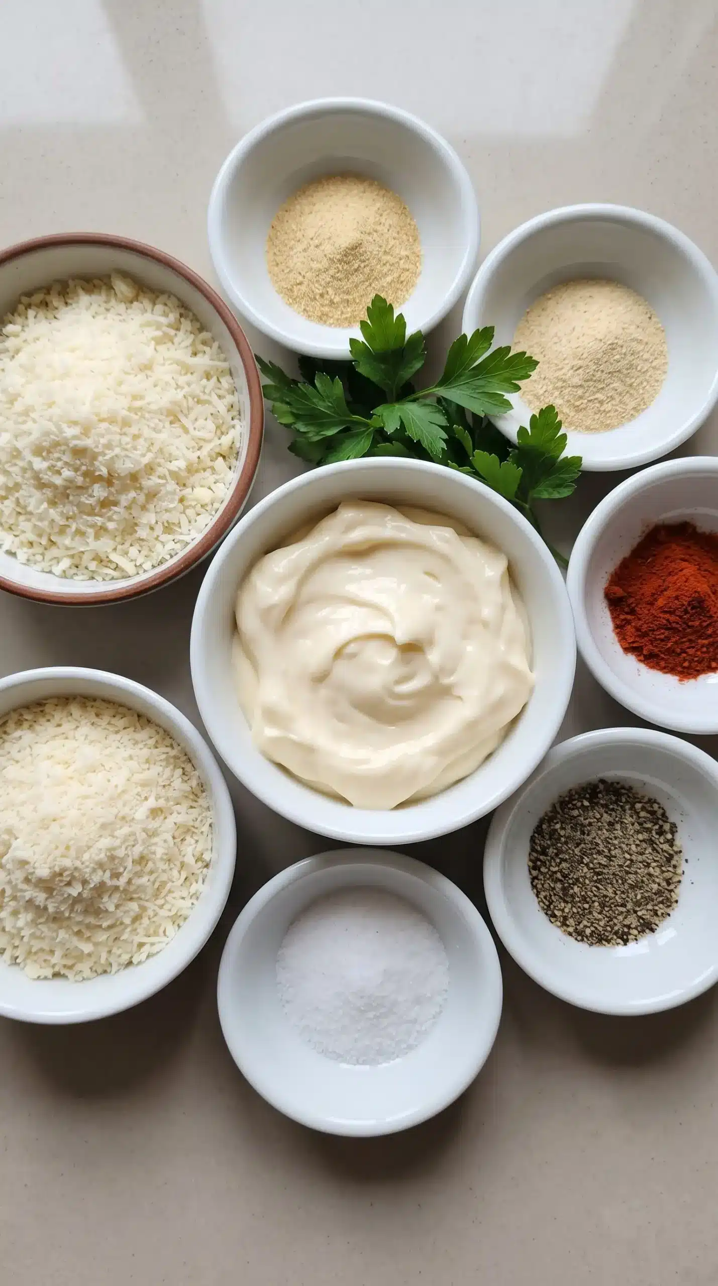 Parmesan chicken topping ingredients with mayonnaise, cheese, and seasonings