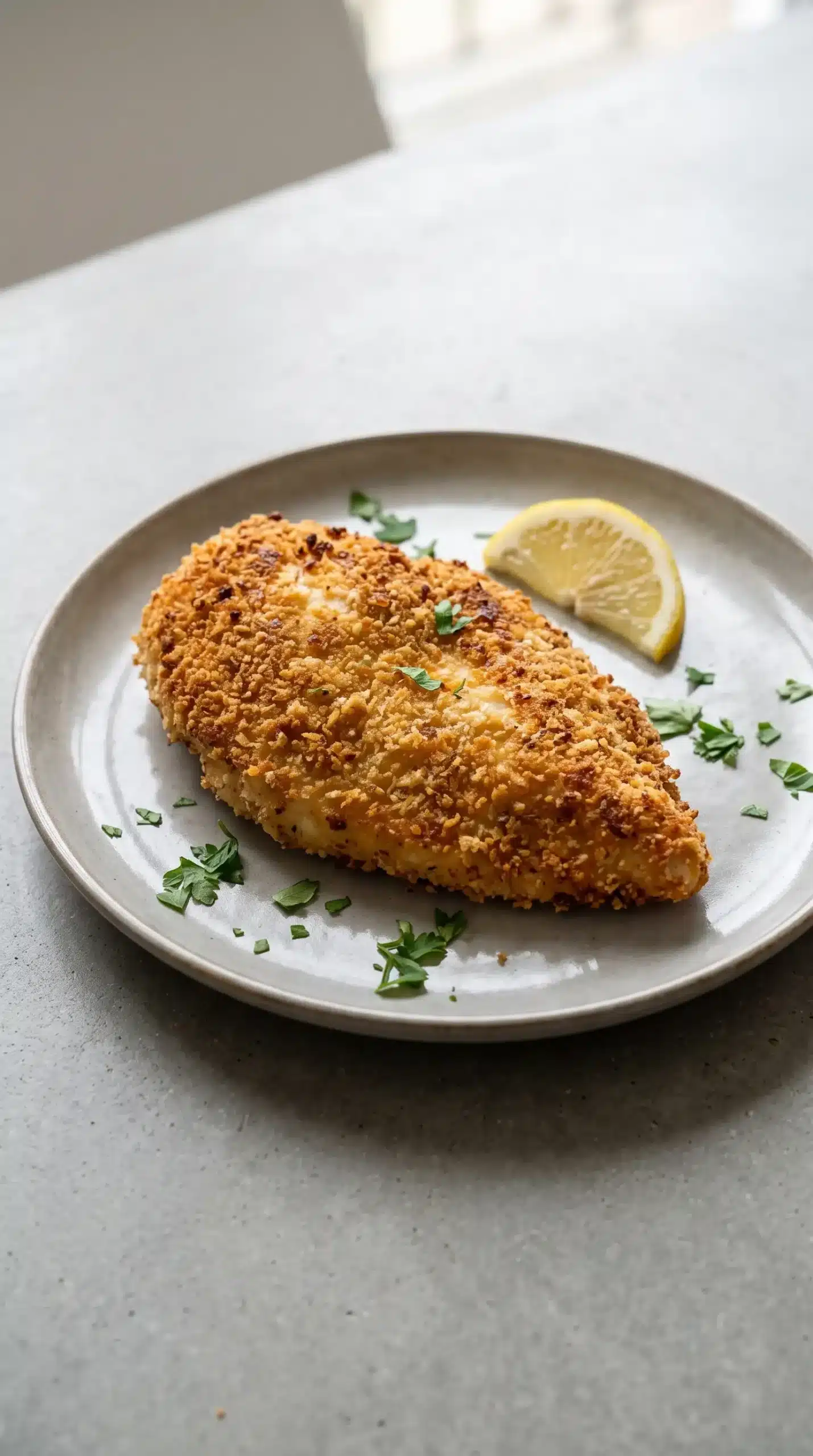 Golden Parmesan-crusted chicken breast served with a lemon wedge and parsley on a neutral plate