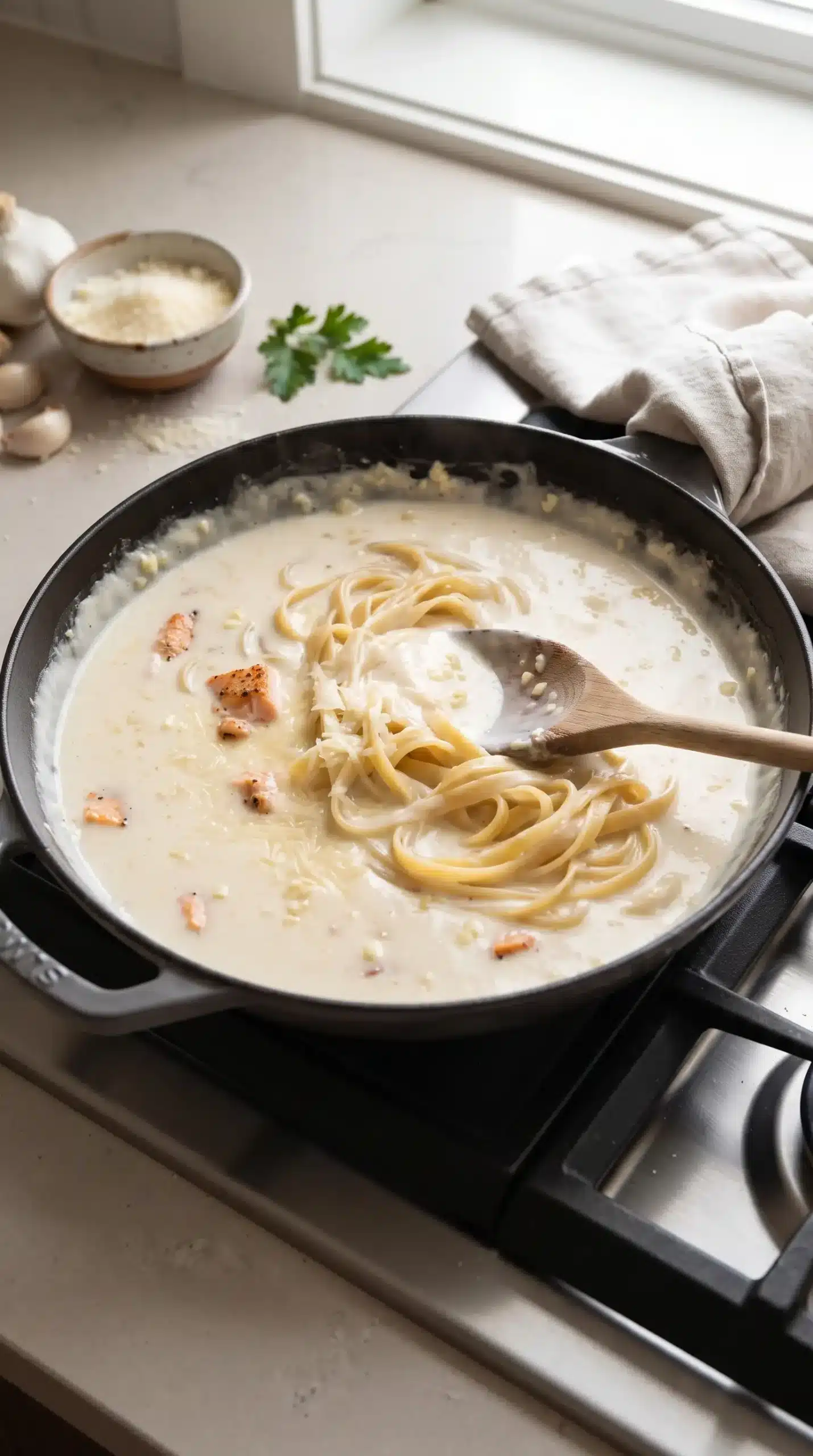 Parmesan garlic cream sauce being stirred with pasta in a skillet