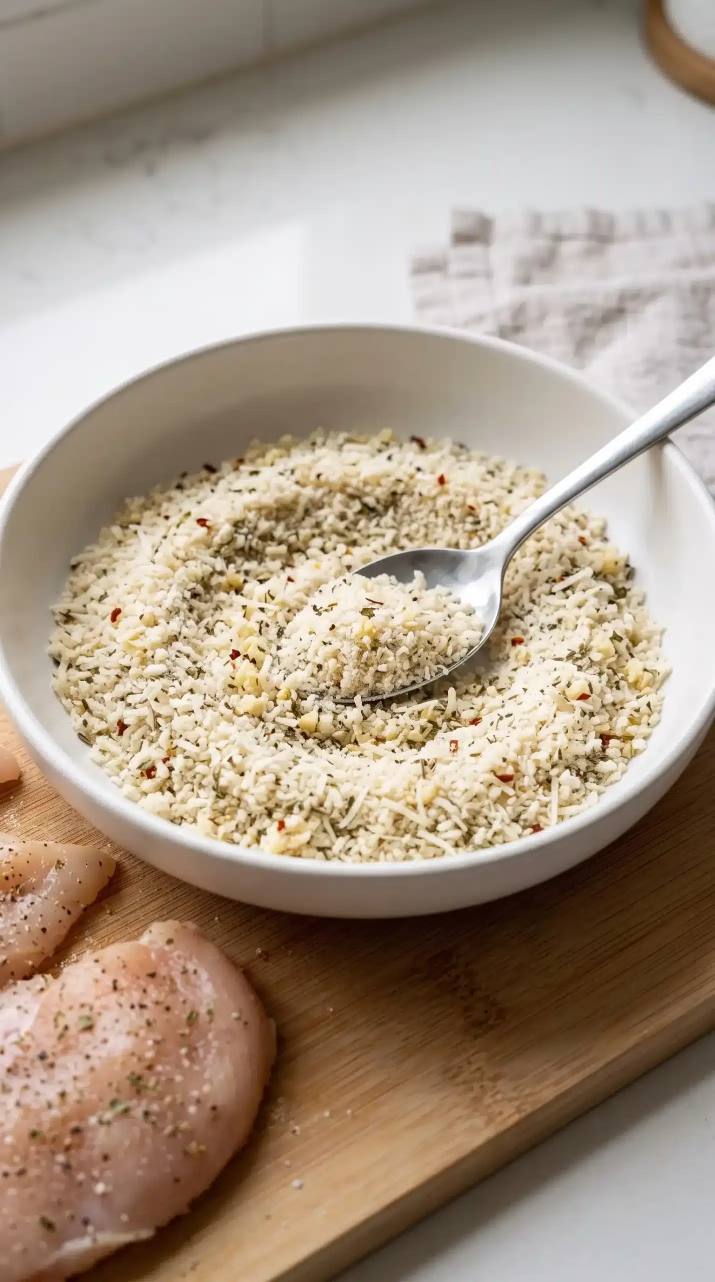 Panko, Parmesan, garlic, and seasoning mixture prepared for coating chicken