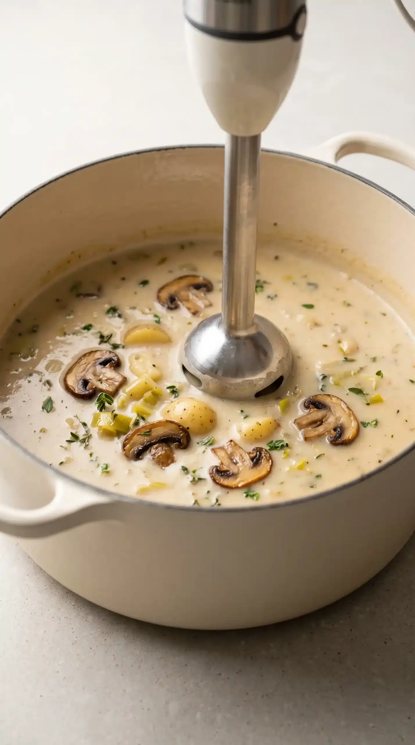 Partially blended creamy mushroom potato soup in a Dutch oven with herbs