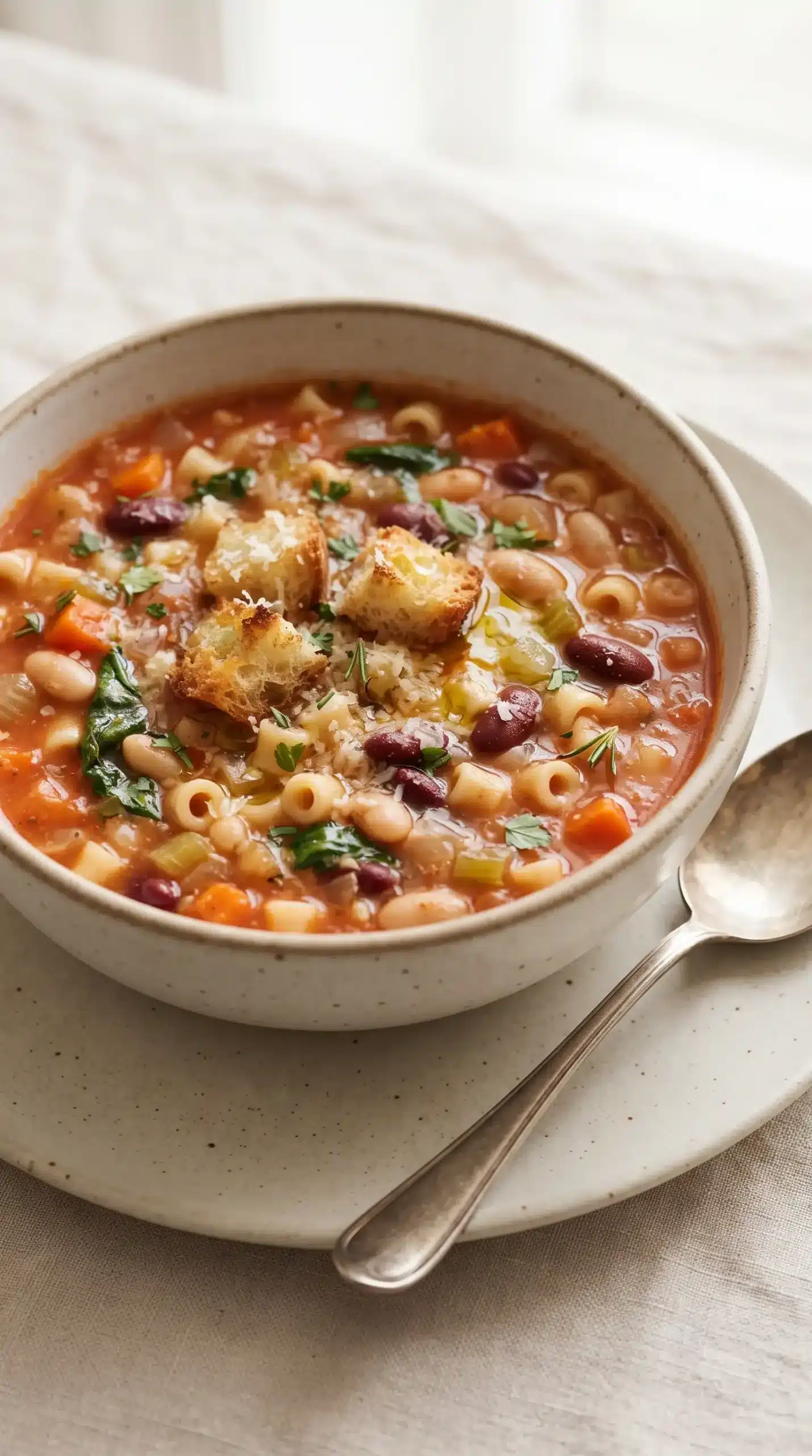 Bowl of pasta fagioli with cannellini beans, ditalini pasta, tomato broth, and vegetables