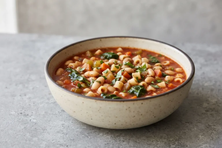 Pasta fagioli soup with cannellini beans, pasta, vegetables, and herbs in a ceramic bowl