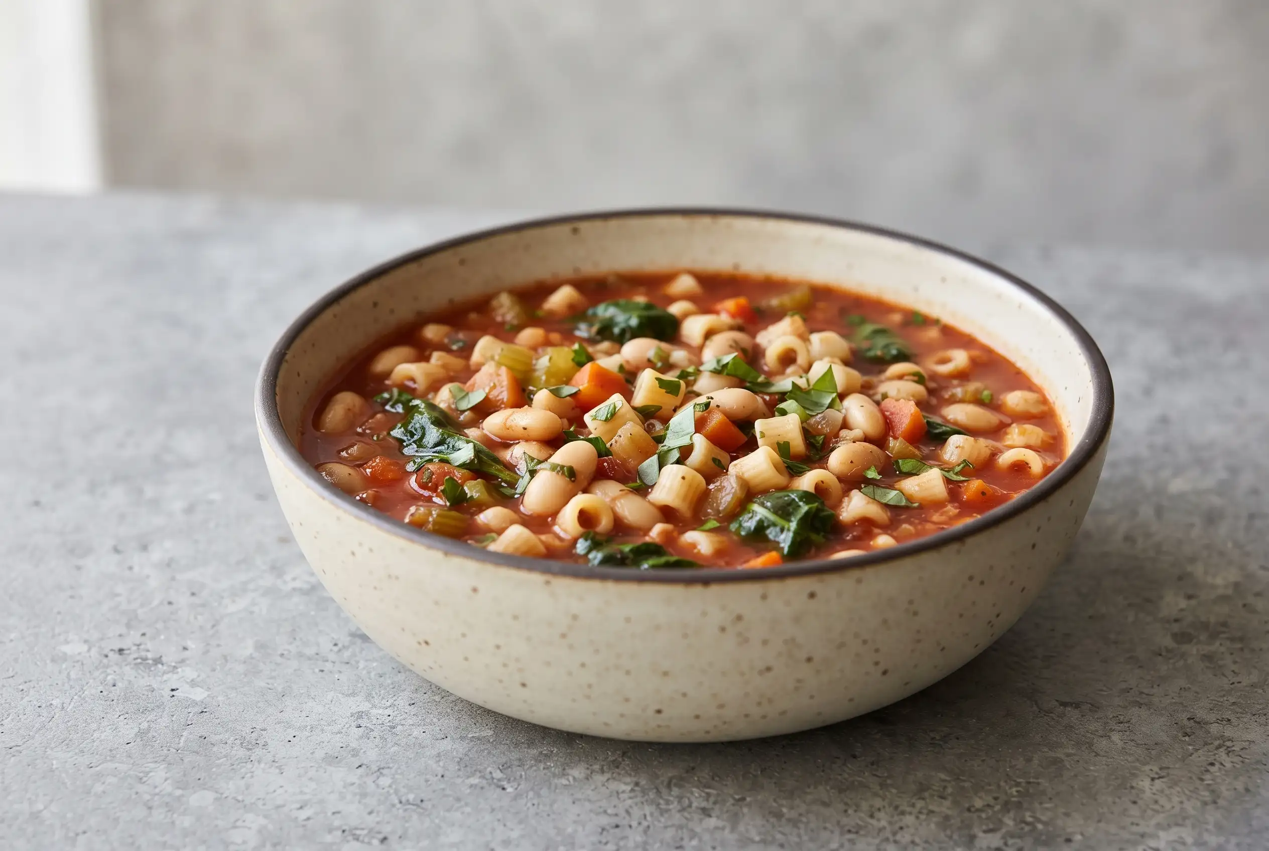 Pasta fagioli soup with cannellini beans, pasta, vegetables, and herbs in a ceramic bowl