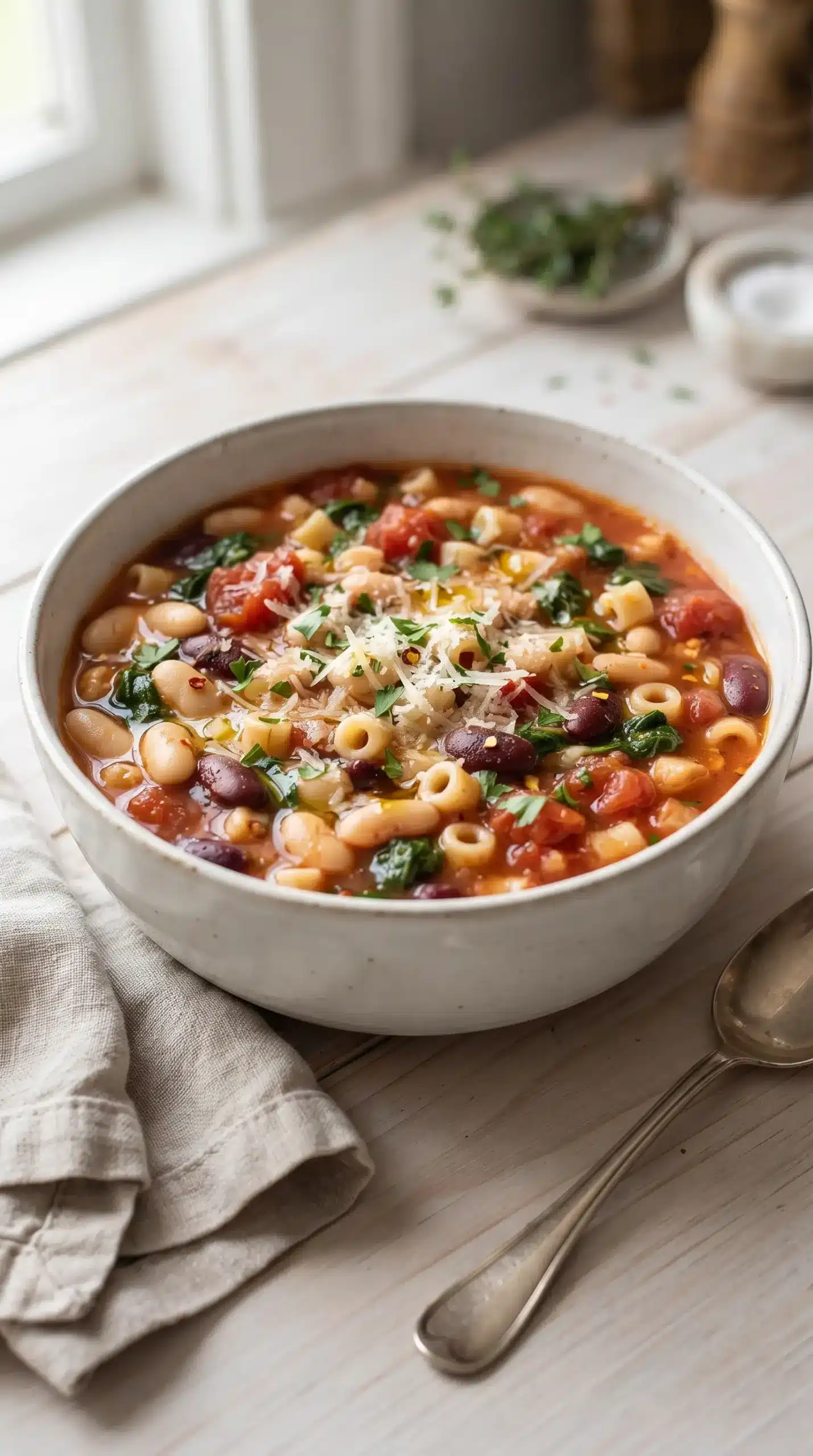 Serving bowl of Italian bean soup with pasta, Parmesan, parsley, olive oil, and chili flakes