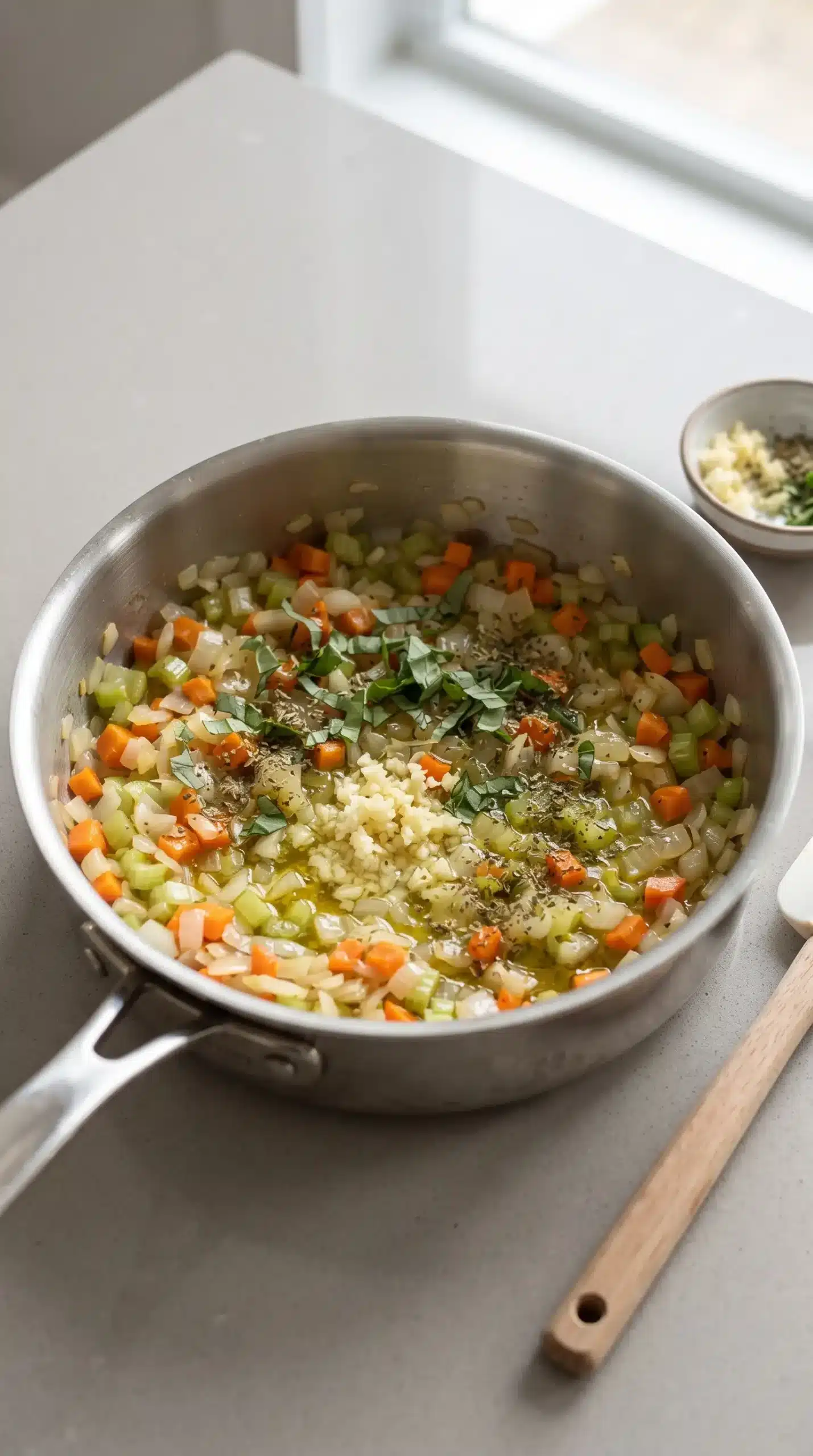 Soffritto with diced onion, carrot, celery, and herbs cooking for pasta fagioli