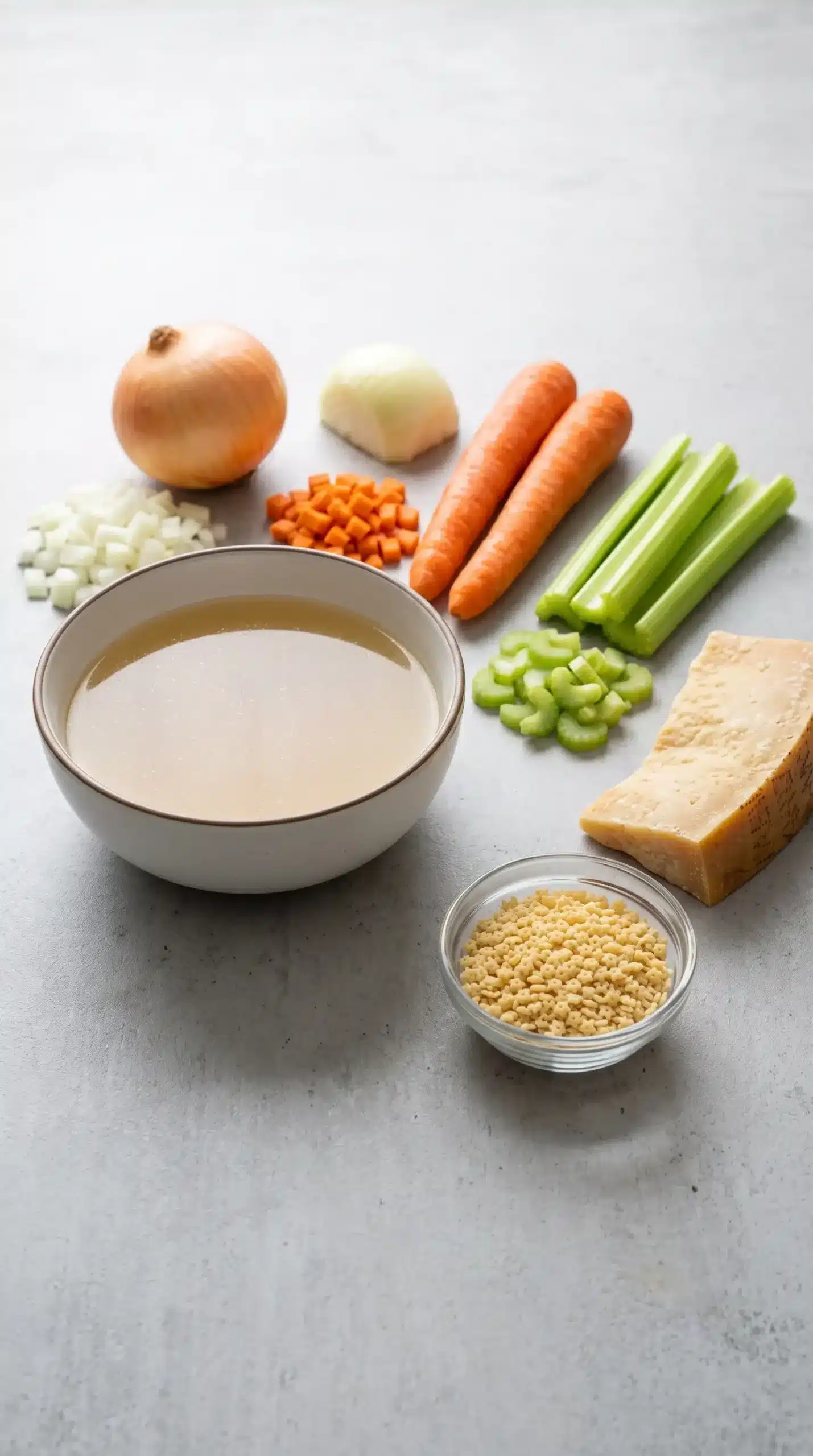 Vegetables, Parmesan rind, and broth prepared for a silky pastina soup base