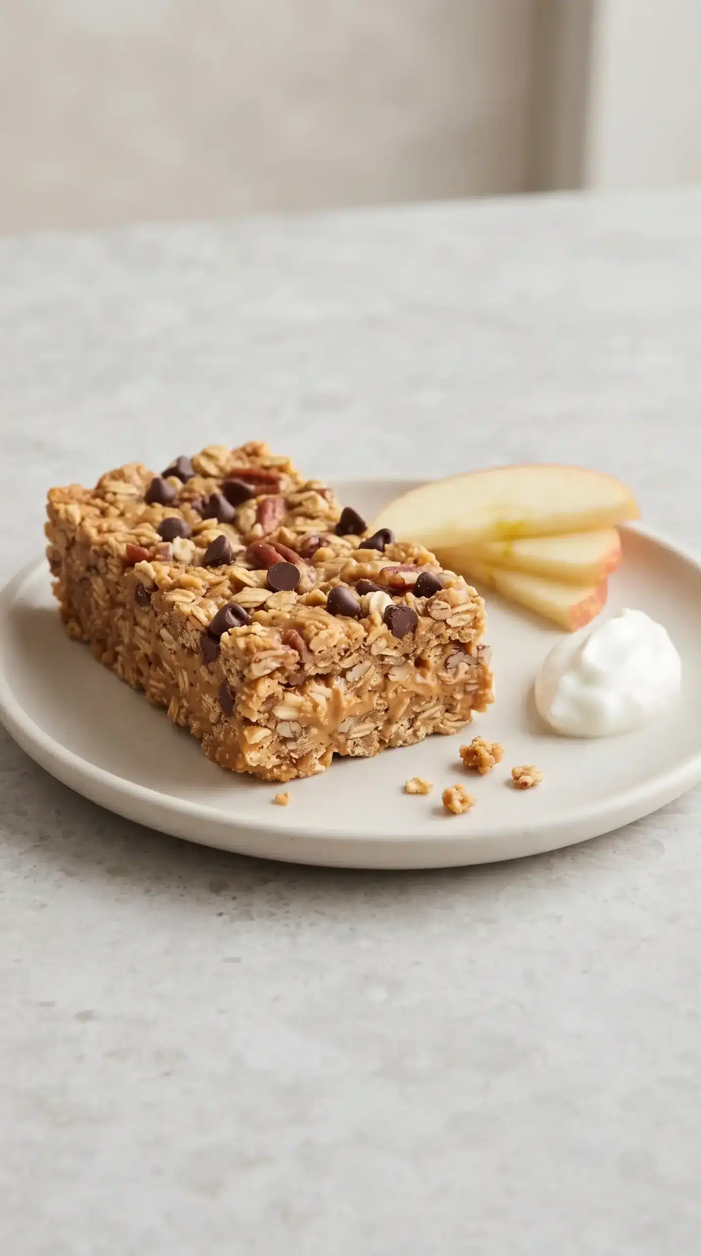 Peanut butter granola bar served with apple slices and Greek yogurt