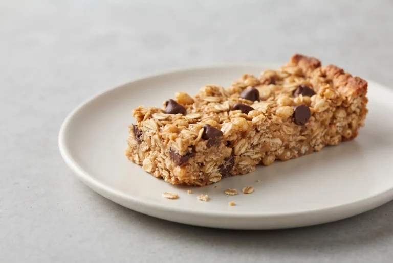 Peanut butter granola bars with rolled oats and chocolate chips on a ceramic plate