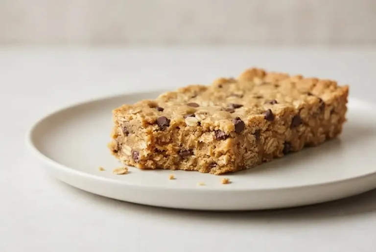 Peanut butter granola bar with oats, honey, and chocolate chips on a plate