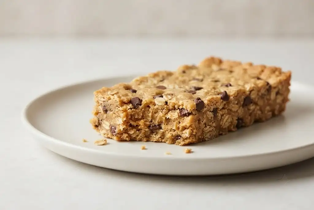 Peanut butter granola bar with oats, honey, and chocolate chips on a plate