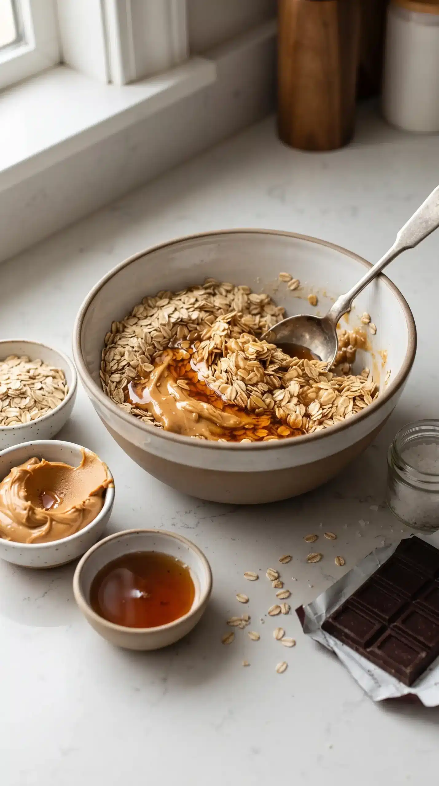 Rolled oats mixed with peanut butter and maple syrup for bar preparation