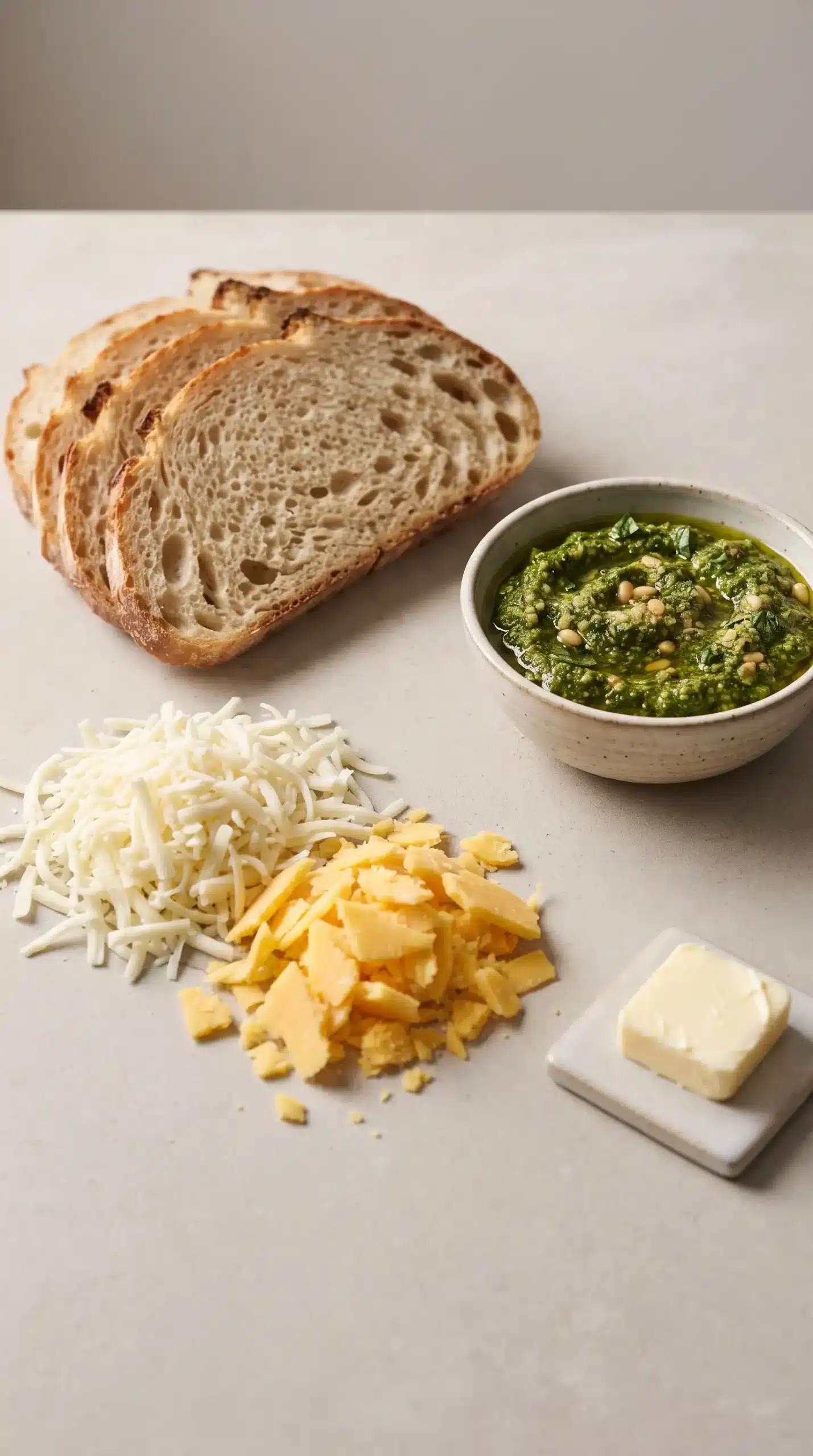 Ingredients for pesto grilled cheese with sourdough, cheese, basil pesto, and butter