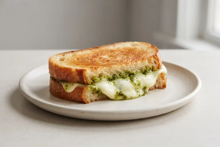 Pesto grilled cheese sandwich with melted cheese and basil pesto between toasted bread slices