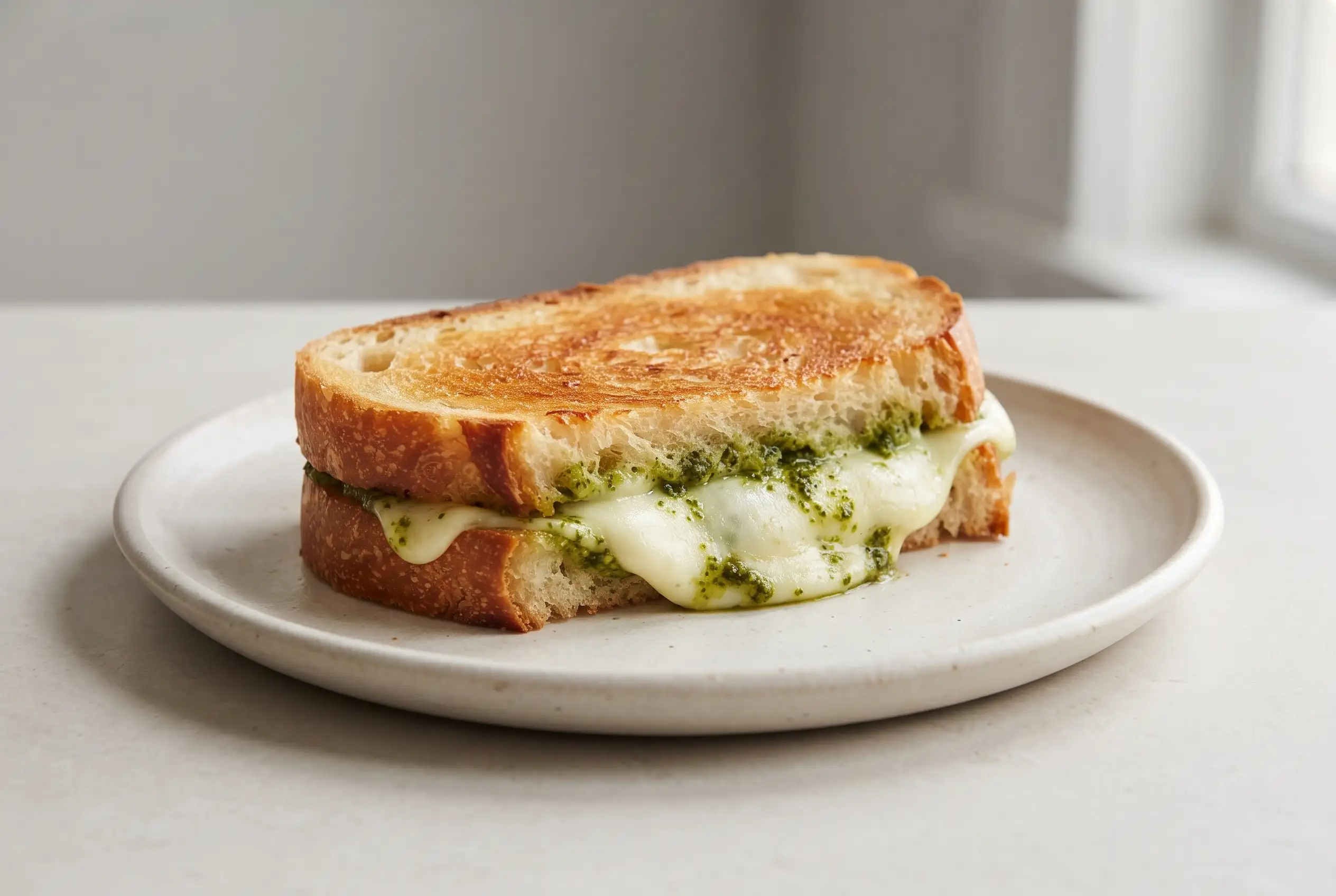 Pesto grilled cheese sandwich with melted cheese and basil pesto between toasted bread slices