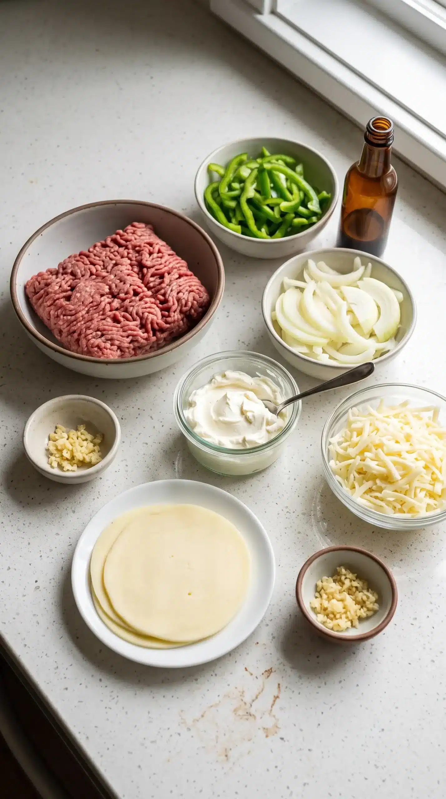 Ingredients for Philly cheesesteak casserole including ground beef, peppers, onions, cream cheese, and mozzarella