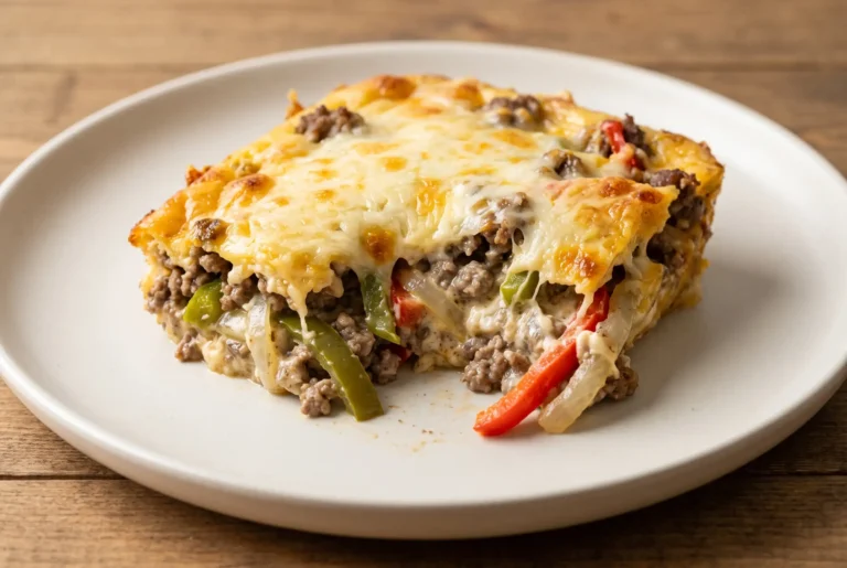 Low carb Philly cheesesteak casserole with ground beef, peppers, onions, and melted cheese on a plate