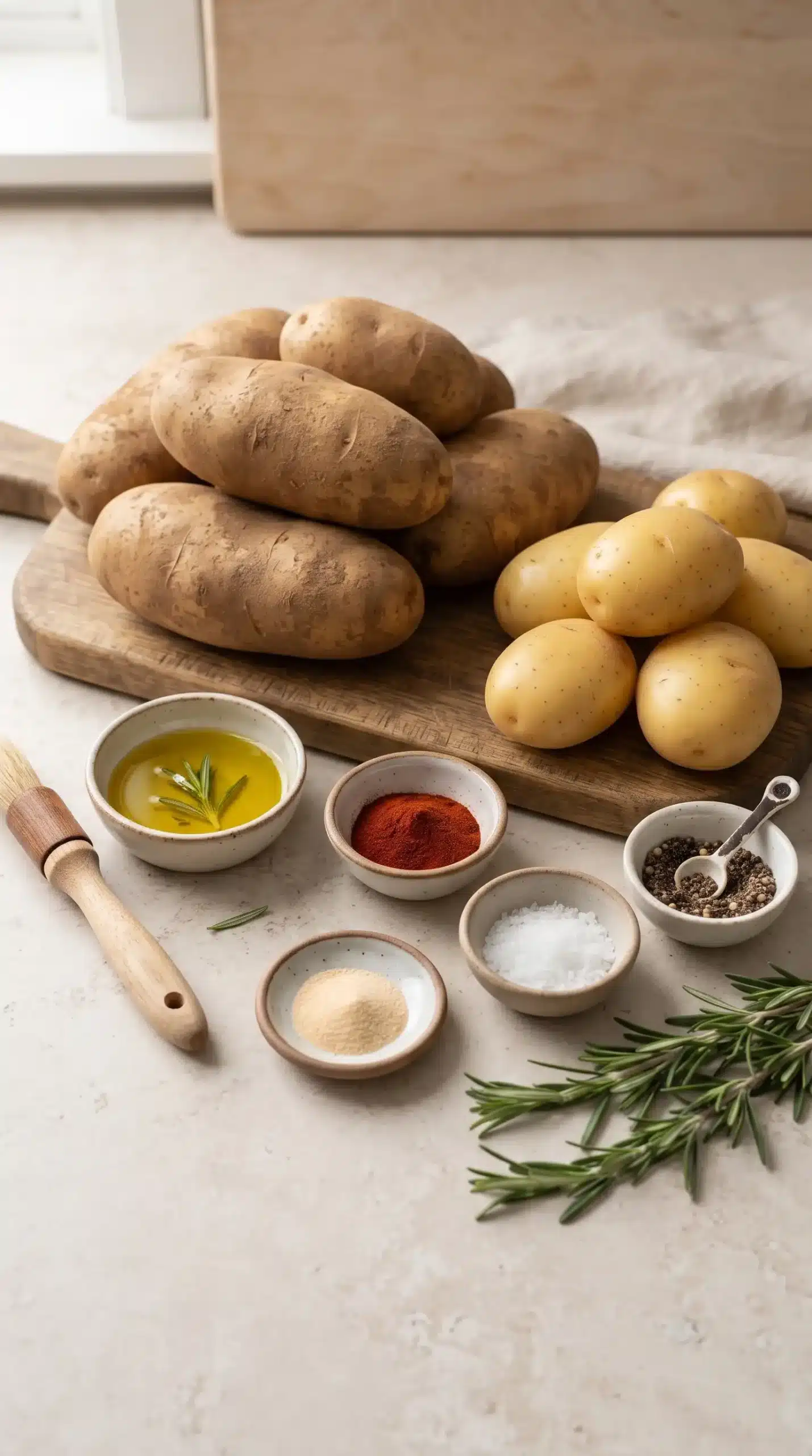 Russet potatoes and seasonings prepared for crispy potato wedges