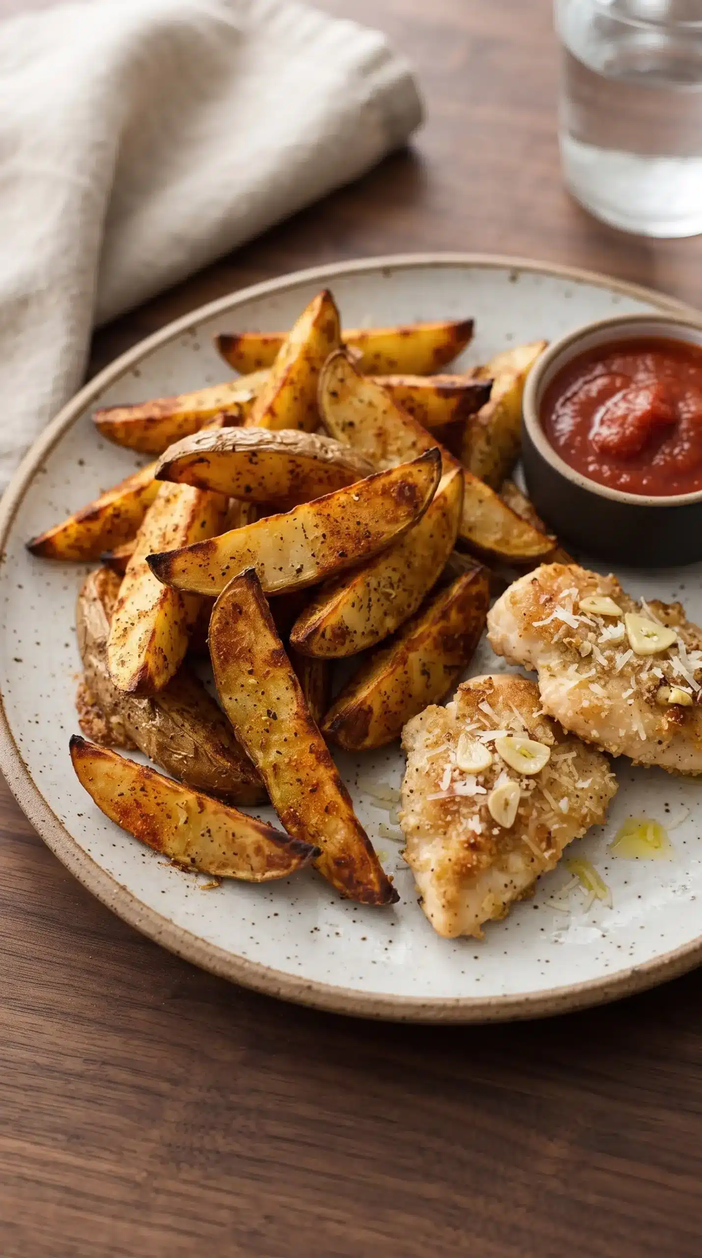 Crispy potato wedges served with garlic parmesan chicken