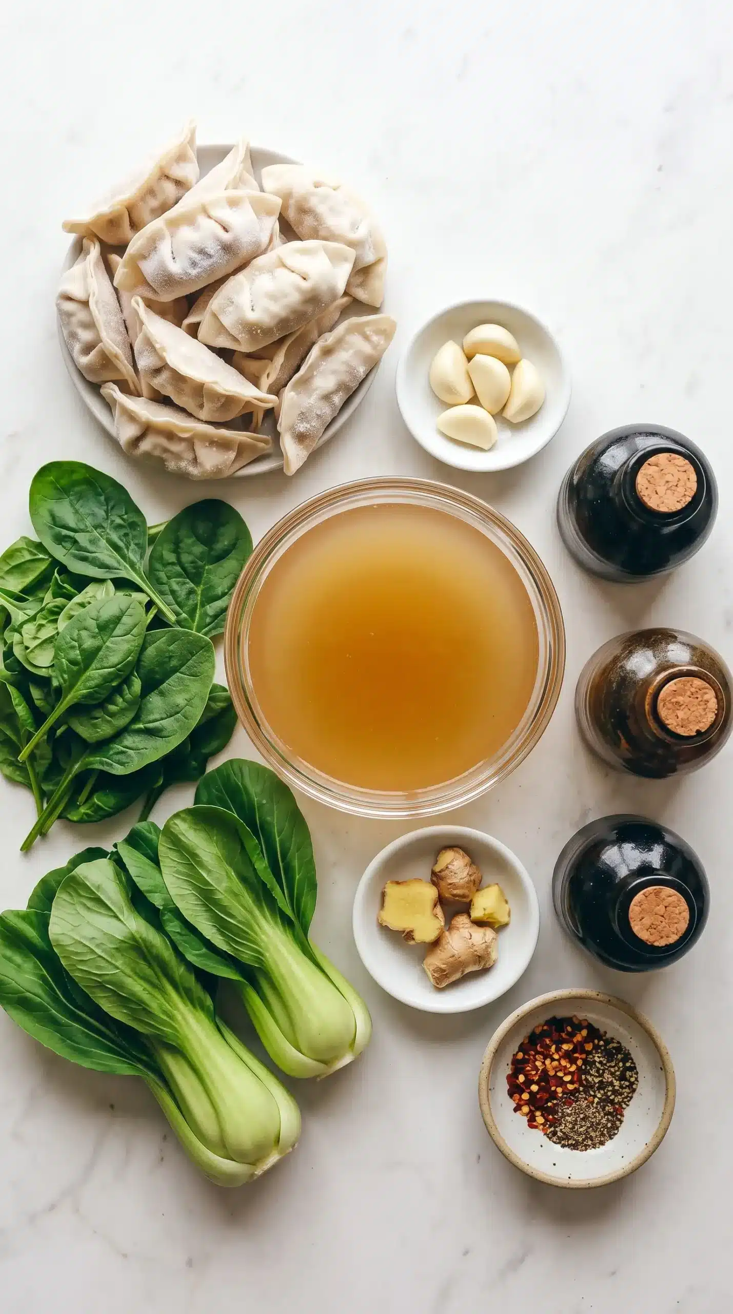 Ingredients for potsticker soup with dumplings, broth, greens, garlic, ginger, and seasonings