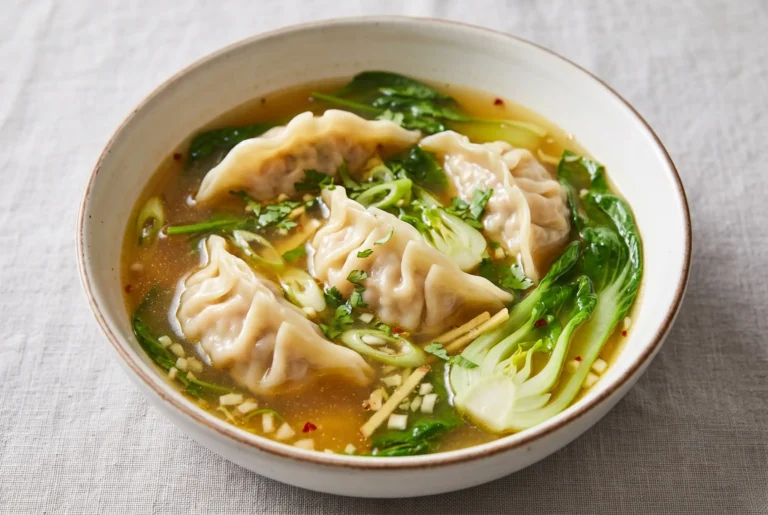 Potsticker soup with tender dumplings, greens, and savory broth in a ceramic bowl