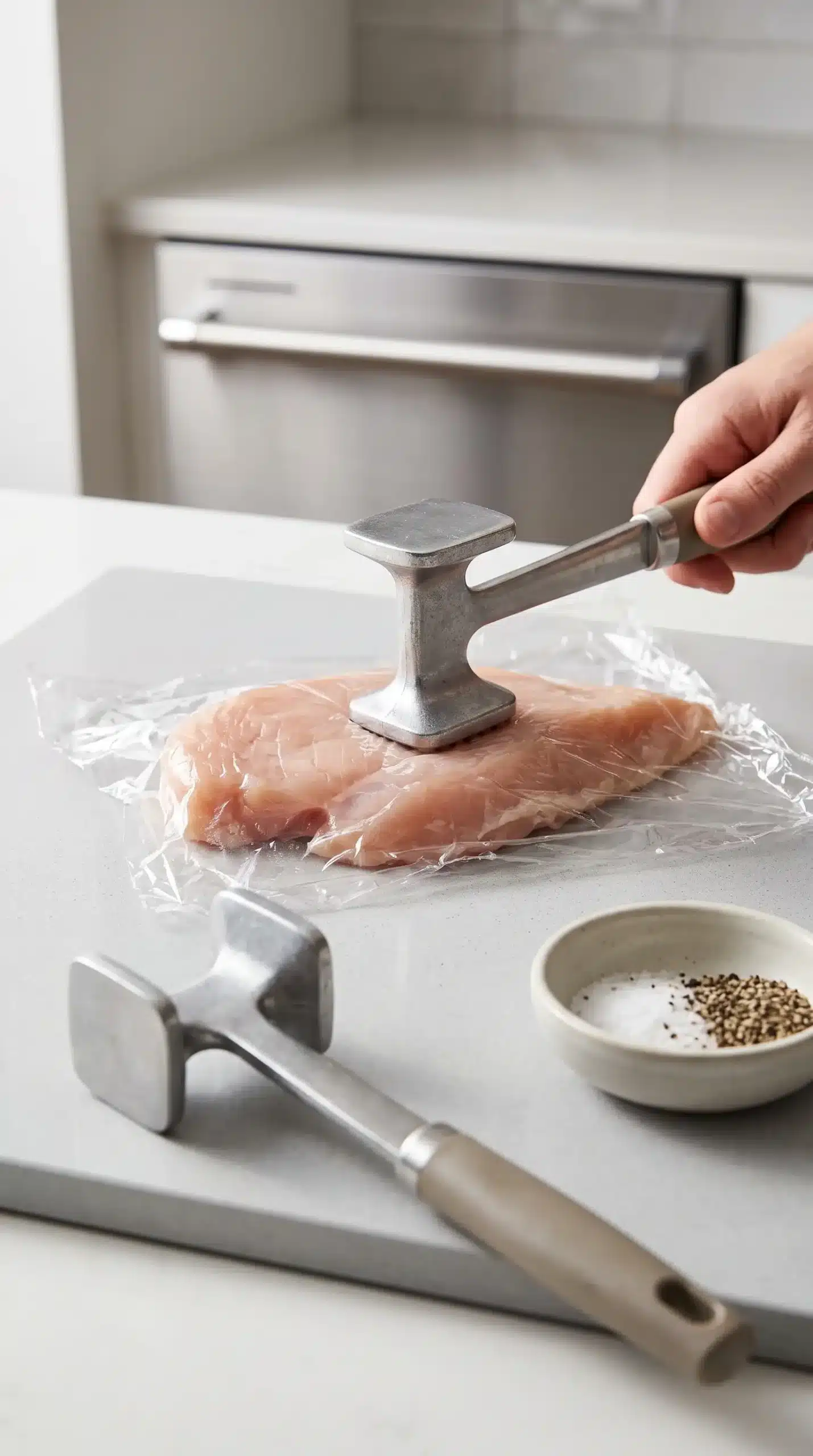 Chicken breast being pounded evenly with a meat mallet before grilling
