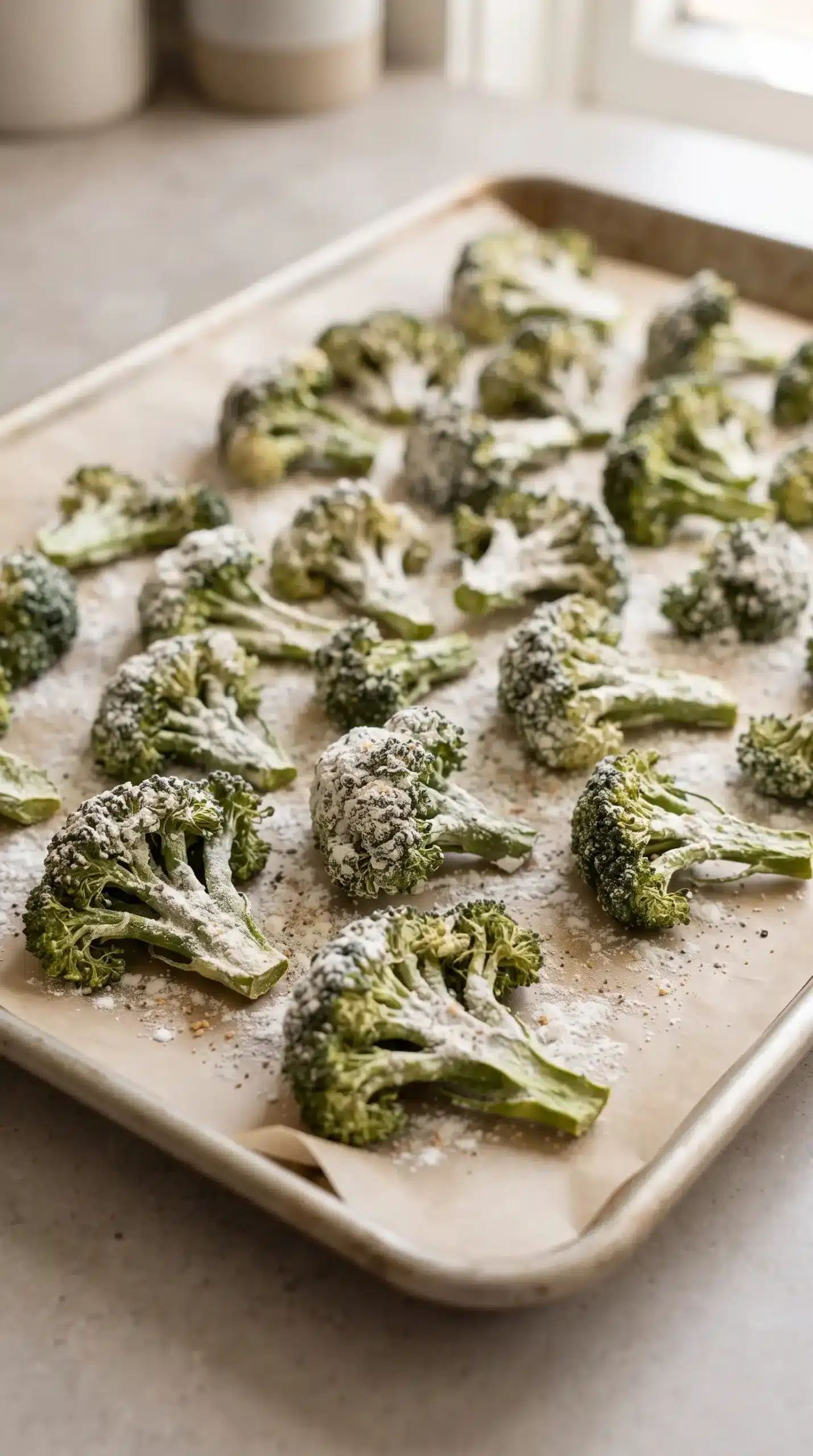 Seasoned blanched broccoli florets coated for crispy smashed broccoli chips before baking
