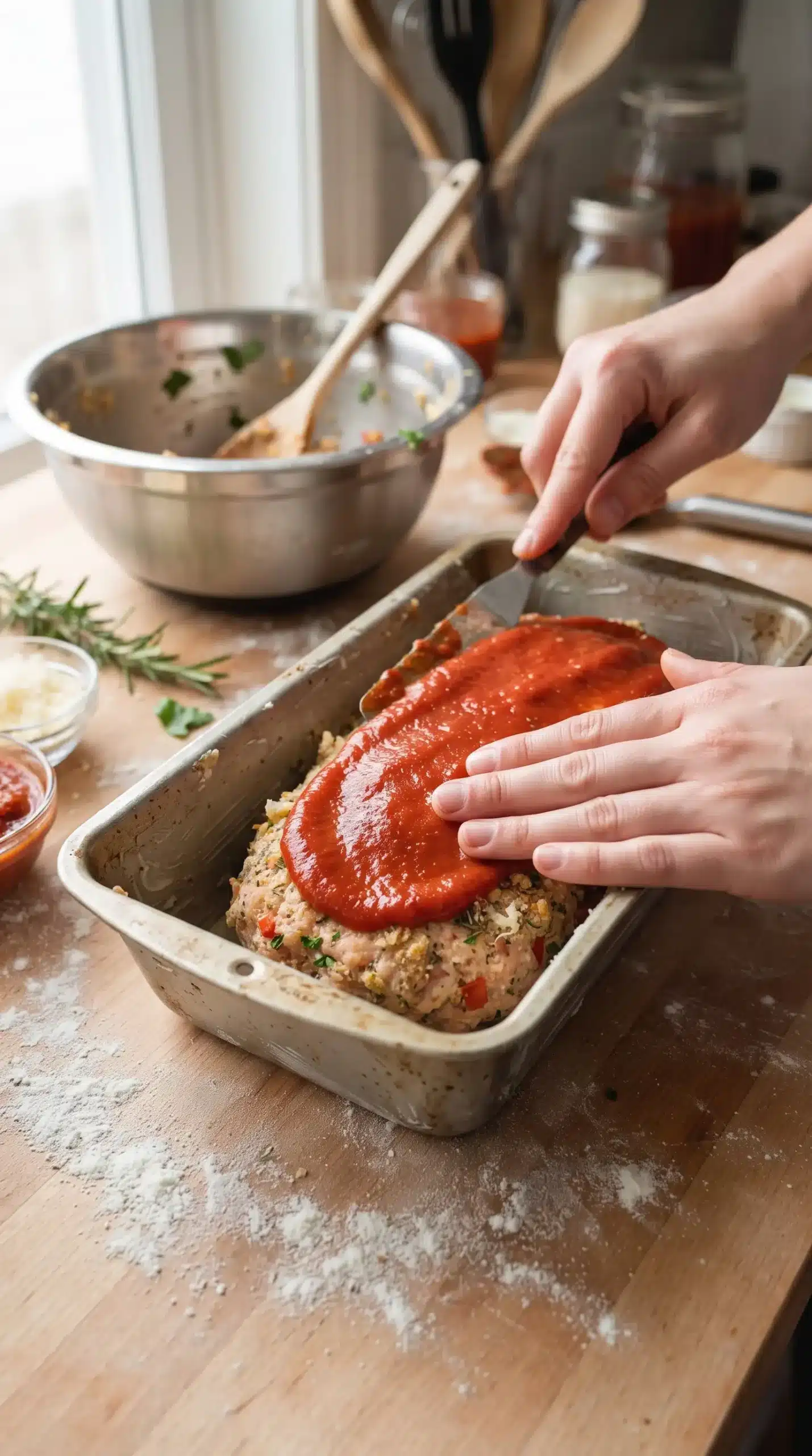 Hands shaping chicken meatloaf mixture with herbs and marinara before baking