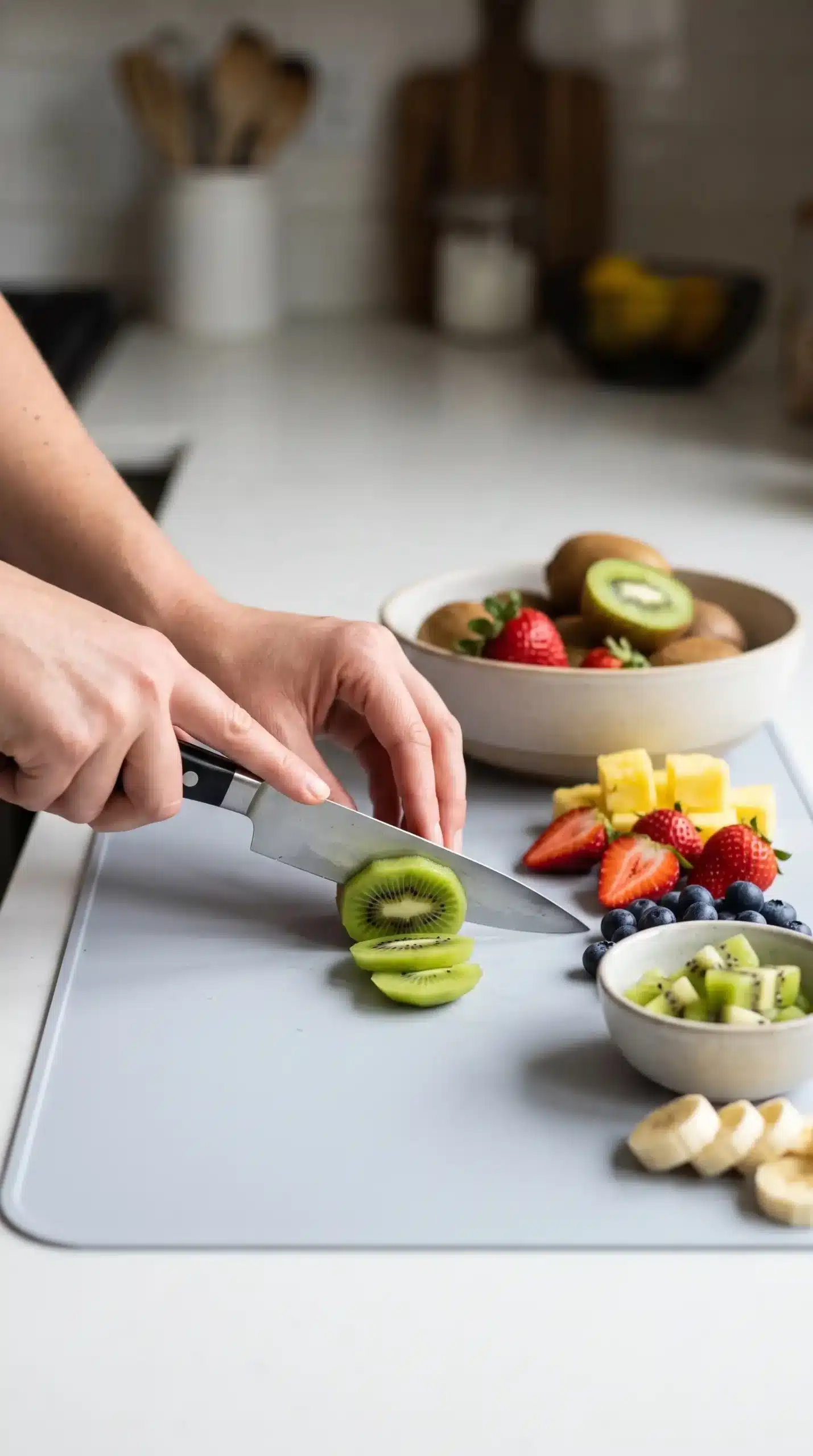 Prepared fruit pieces being cut and arranged for a fresh fruit salad bowl