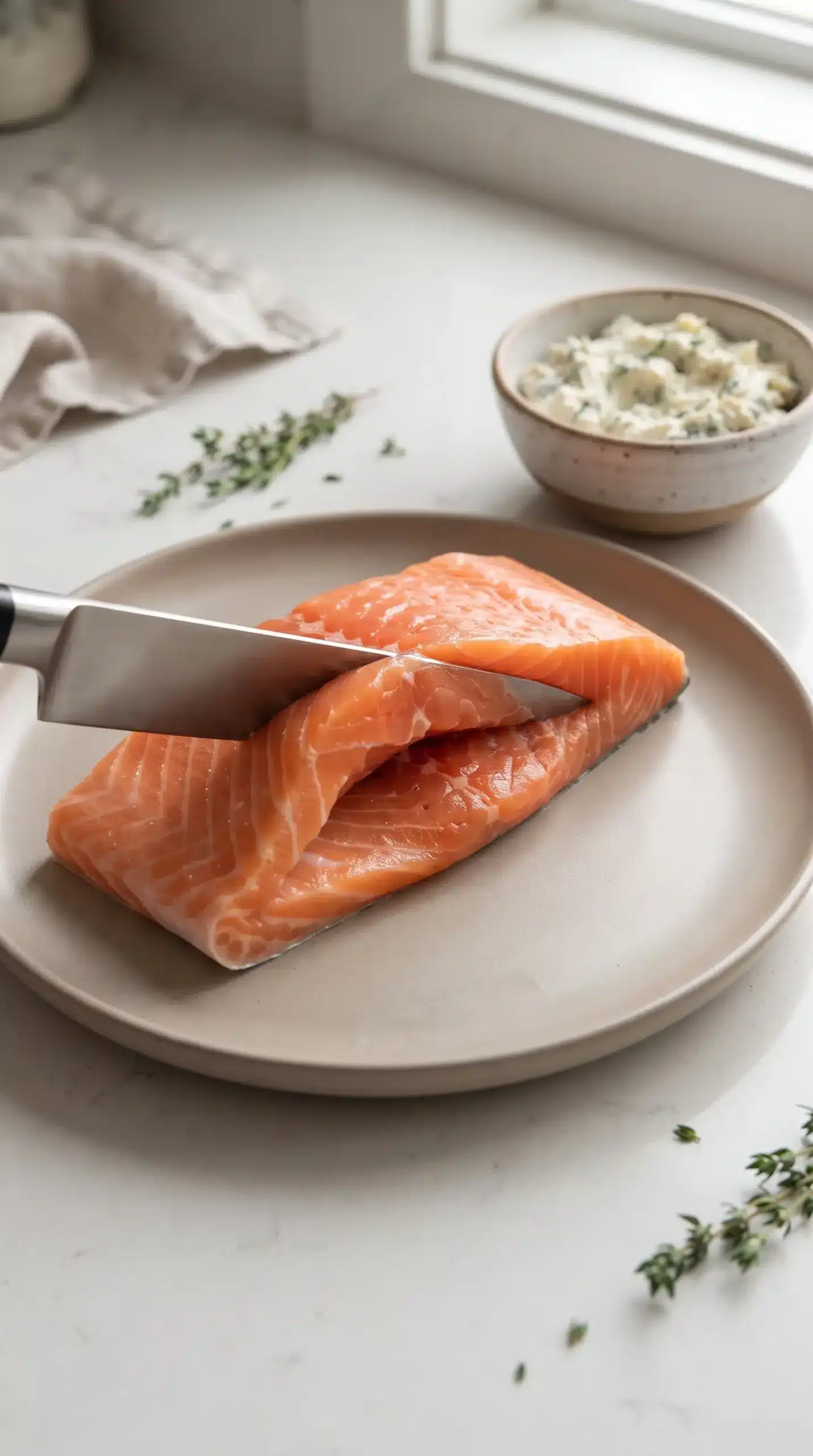 Professional food photography close-up of preparing a salmon pocket for stuffing, showing a single thick center-cut salmon fillet on a neutral ceramic plate with a sharp chef's knife carefully creating a deep controlled cavity in the center. The salmon should be raw and fresh with the cut clearly visible, with a small bowl of prepared seafood filling nearby only as a secondary preparation element. Use a simple clean countertop, natural soft window light, realistic kitchen setting, and accurate step-by-step cooking photography style.