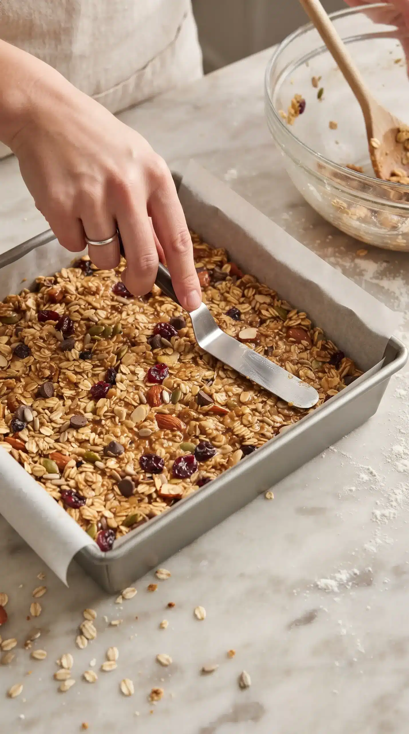 Oat and chocolate chip granola mixture pressed into a lined baking pan
